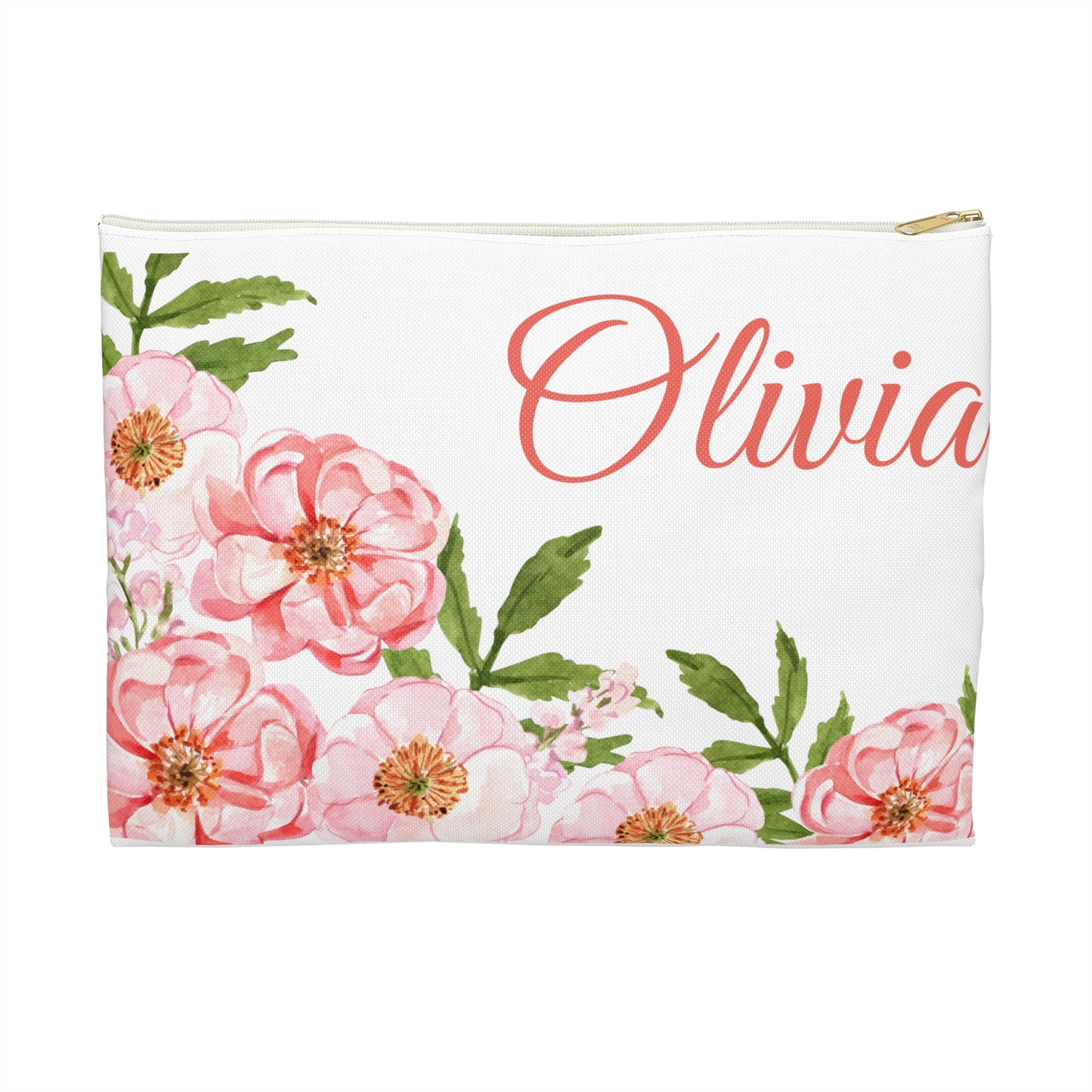Pink Flower Name Custom Pouch Bag - Personalized Women Accessory Pouch, Makeup Bags, Personalized Women Bag, Initial Pouch, Toiletry Bag