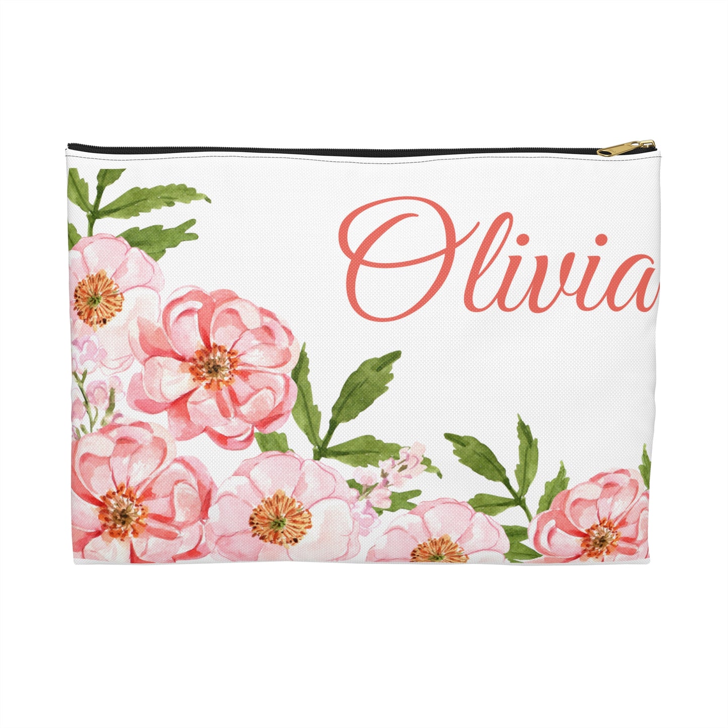 Pink Flower Name Custom Pouch Bag - Personalized Women Accessory Pouch, Makeup Bags, Personalized Women Bag, Initial Pouch, Toiletry Bag