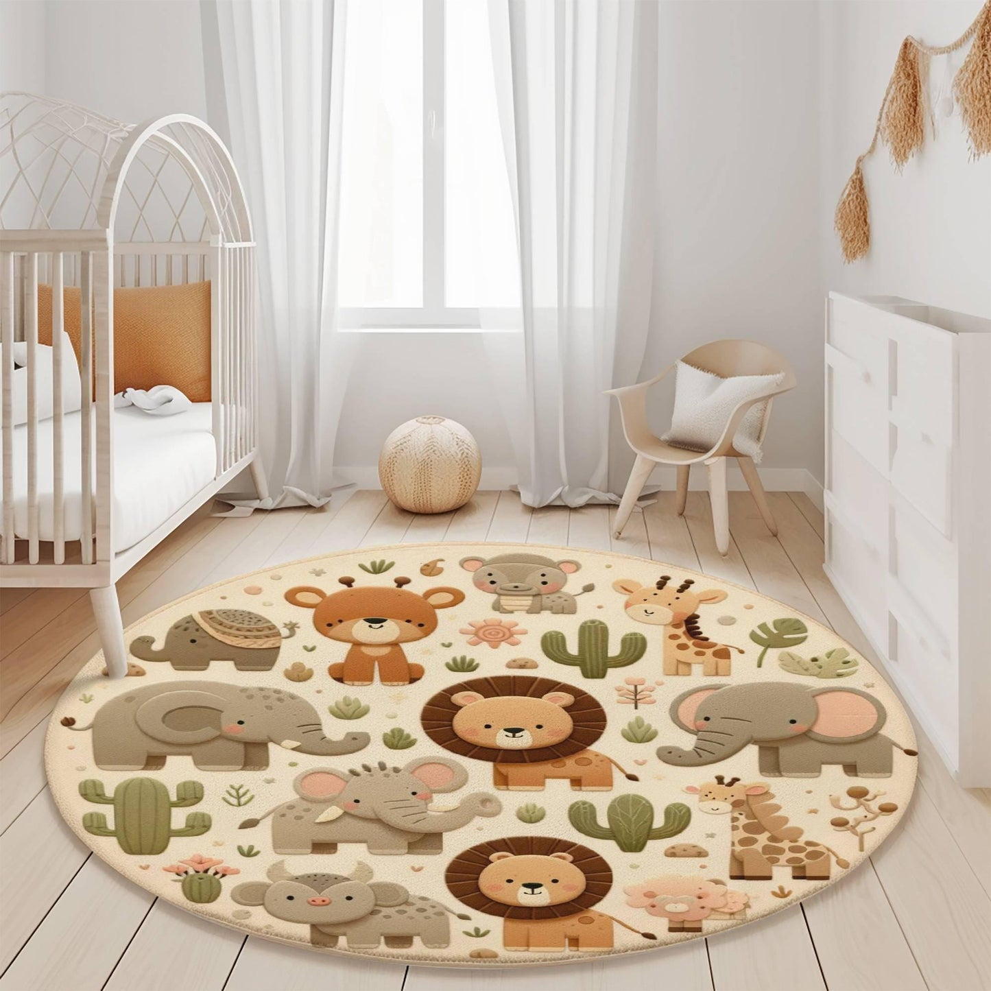 a baby's room with a round rug with animals on it