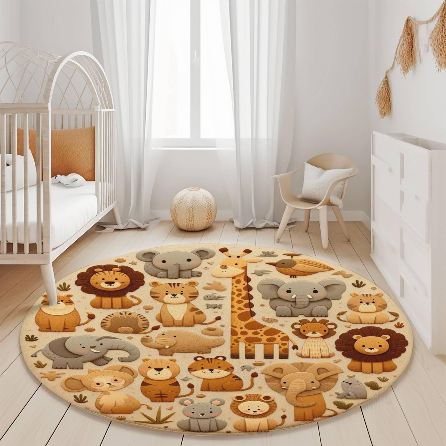 a baby's room with a round rug with animals on it