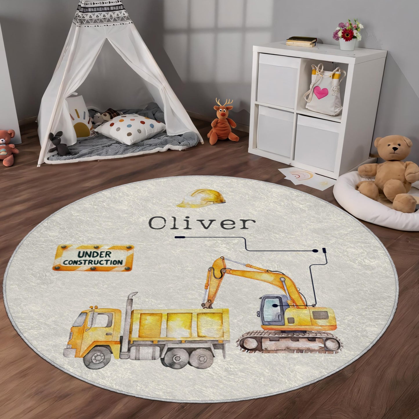Construction Site Rug for Boys | Personalized Name Rug | Under Construction Rug | Playroom Decor | Nursery Rug | Round Rug | Gift for Boy
