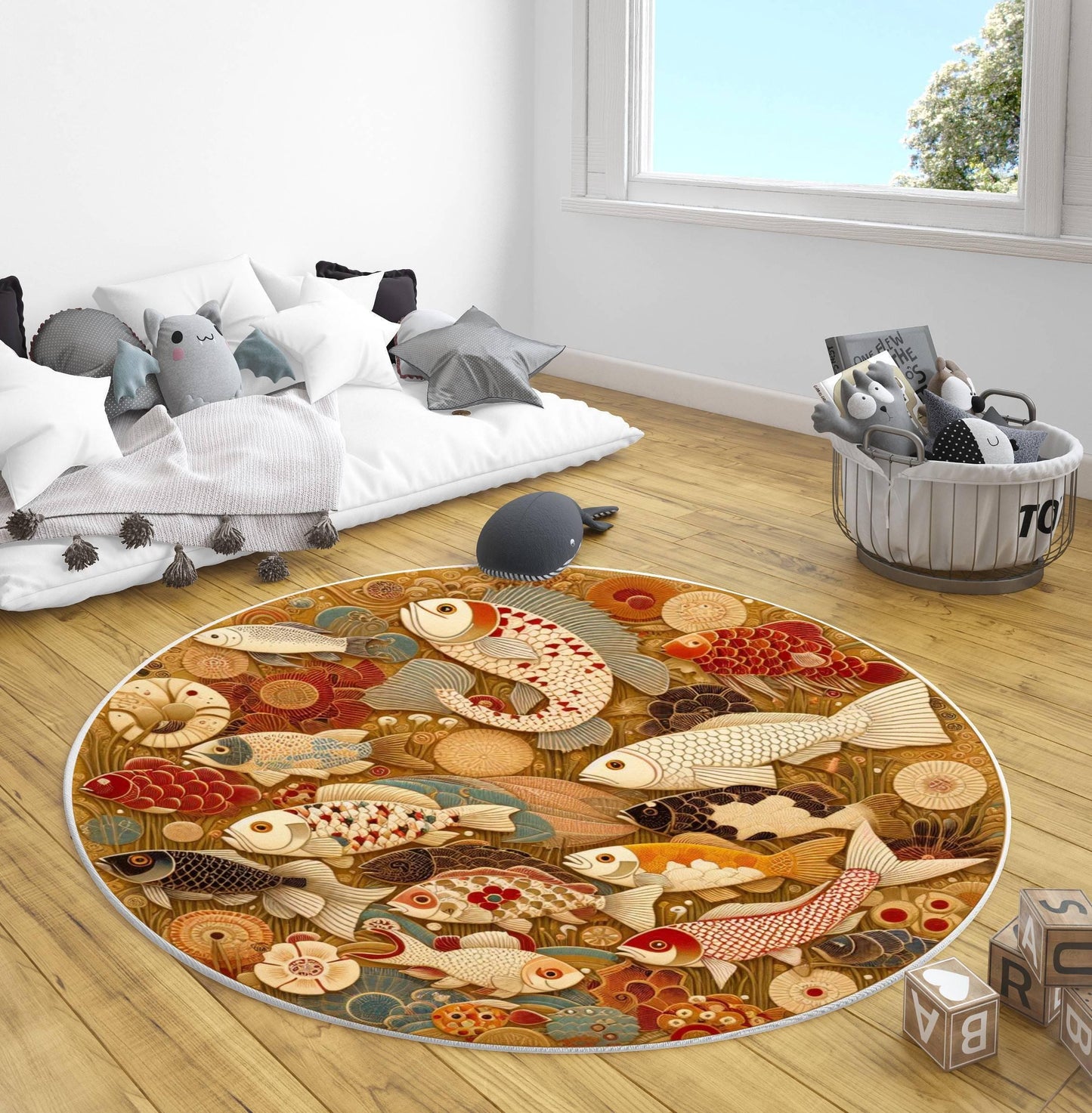 Japanese Round Fish Rug, Koi Fish Rug, Oriental Rug, Gold Fish Rug, Round Fish Rug, Koi Carp Rug, Japanese Style Rug, Oriental Carp Carpet