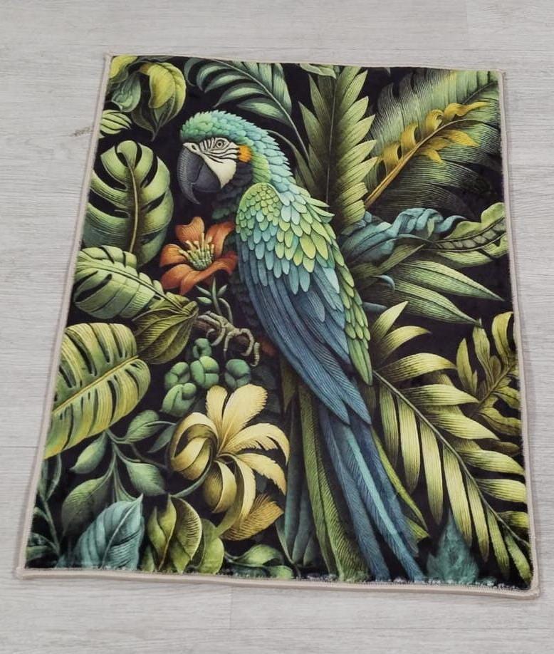 Exotic Floral Green Leaves Rug, Parrot Rug, Tropical Botanical Rug, William Morris Style Carpet, Green Area Rug, Exotic Parrot Rug