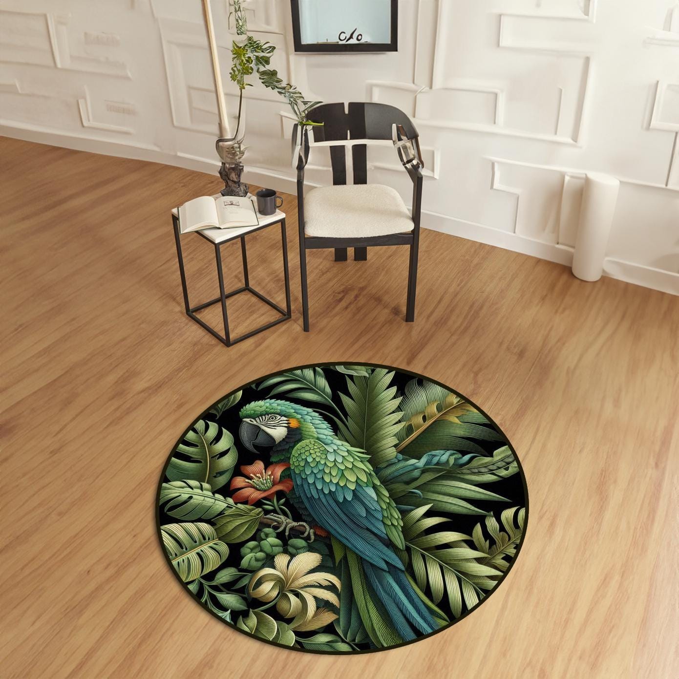 Exotic Floral Green Leaves Rug, Parrot Rug, Tropical Botanical Rug, William Morris Style Carpet, Green Area Rug, Exotic Parrot Rug