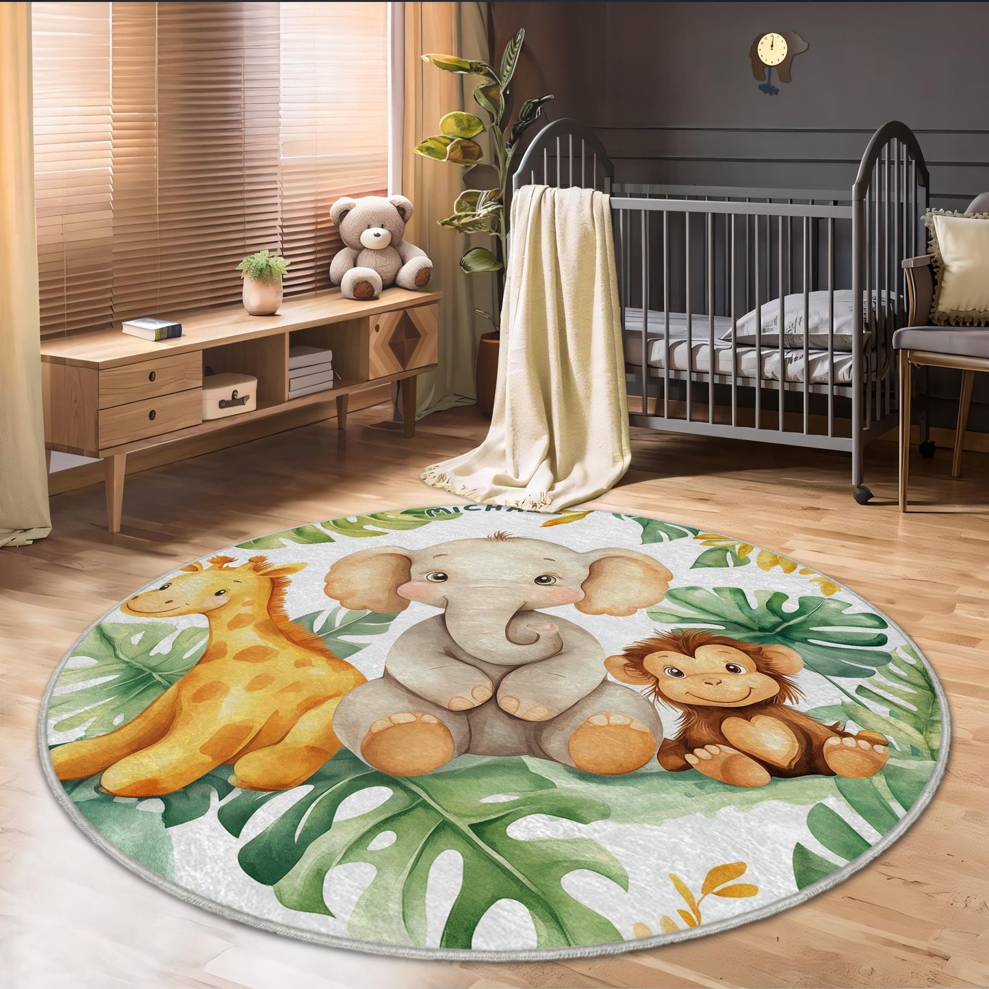 Personalized Kids Safari Round Rug, Custom Name Jungle Play Mat, Cute Animals Carpet for Kids, Nursery Room Decor, Baby Shower Gift Rug