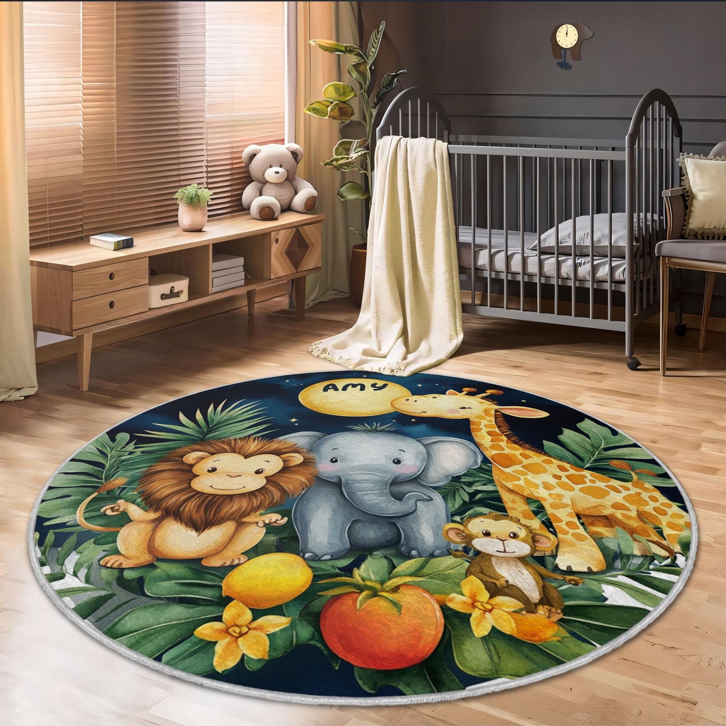 Custom Name Nursery Rug, Baby Jungle Playmat, Baby Animals Carpet, Baby Room Decor, Gift for Kids, Baby Shower Rug, Newborn Gift Rug