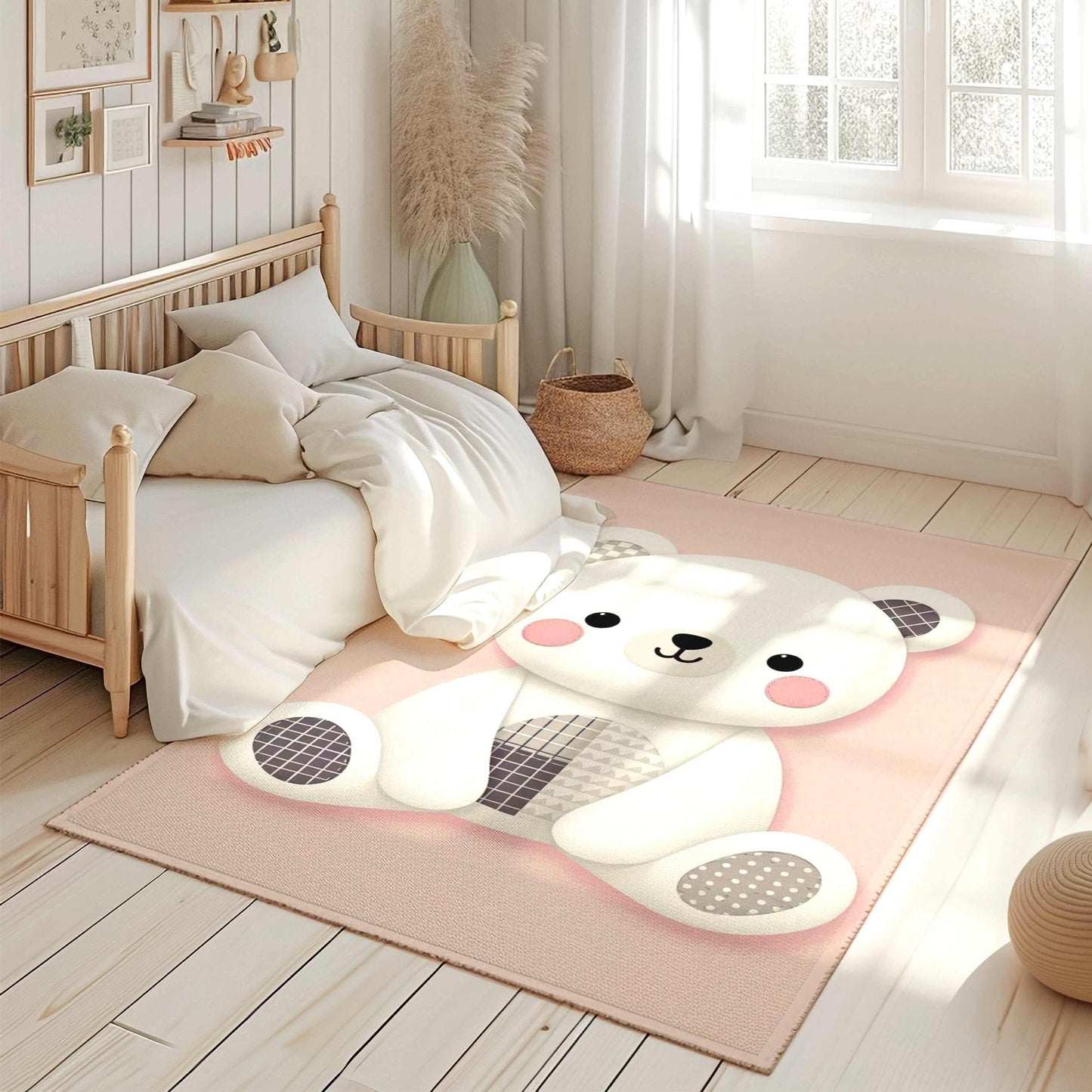 Cute Pink Bear Kids Rug - Washable Baby Room Mat - Playroom Rug - Childrens Room Rug - Adorable Girls Room Rug