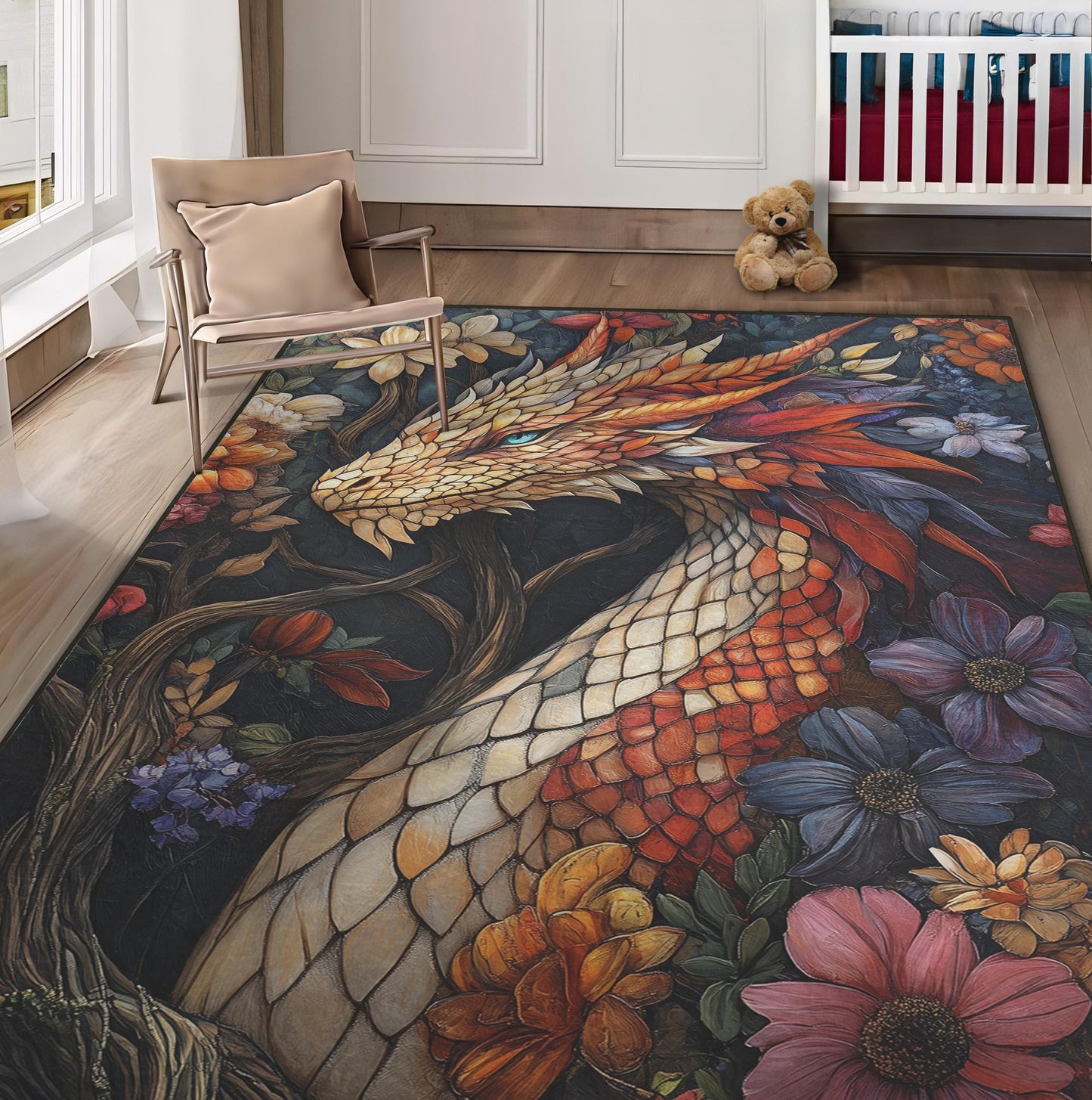 Dragon Area Rug, Floral Dragon Rug, Living Room Rug, Youth Rug, Fantasy Decor, Red Dragon, Nature Inspired Rug, Gothic Rug, Gift for Teen