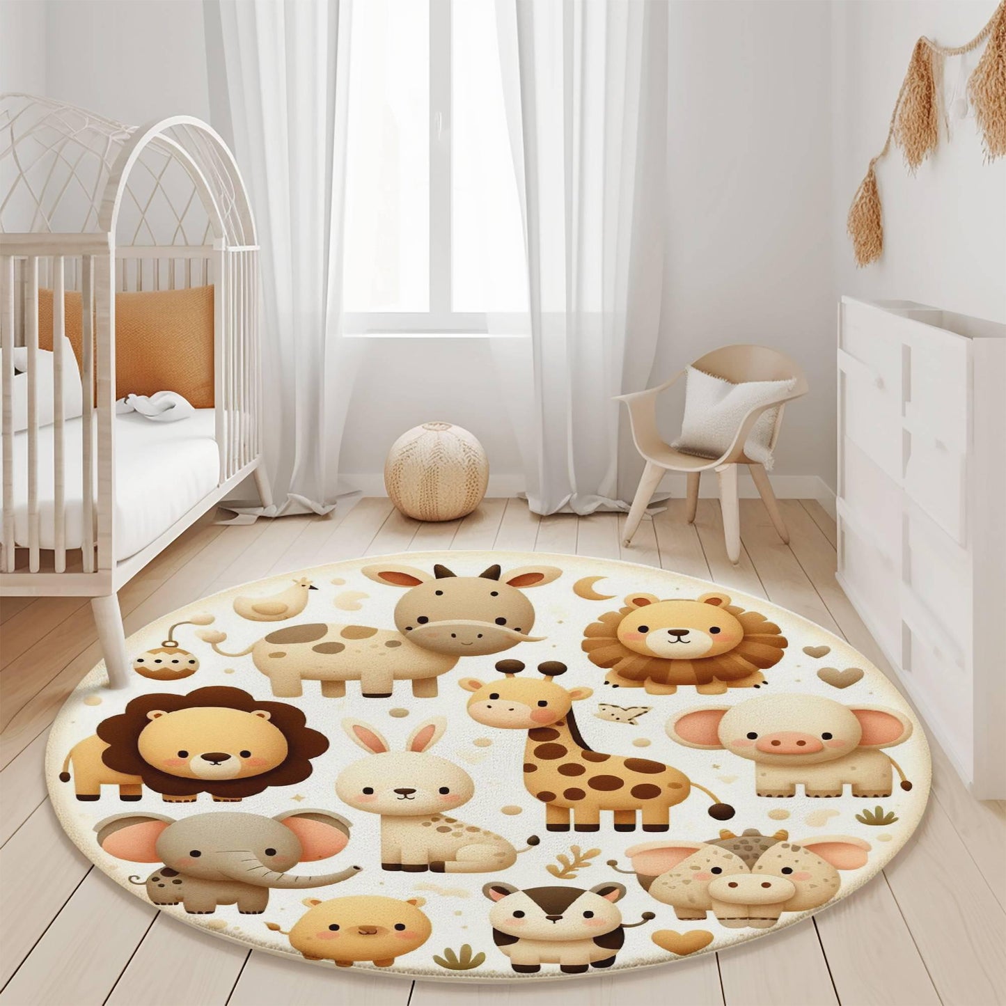 a baby's room with a round rug with animals and giraffes