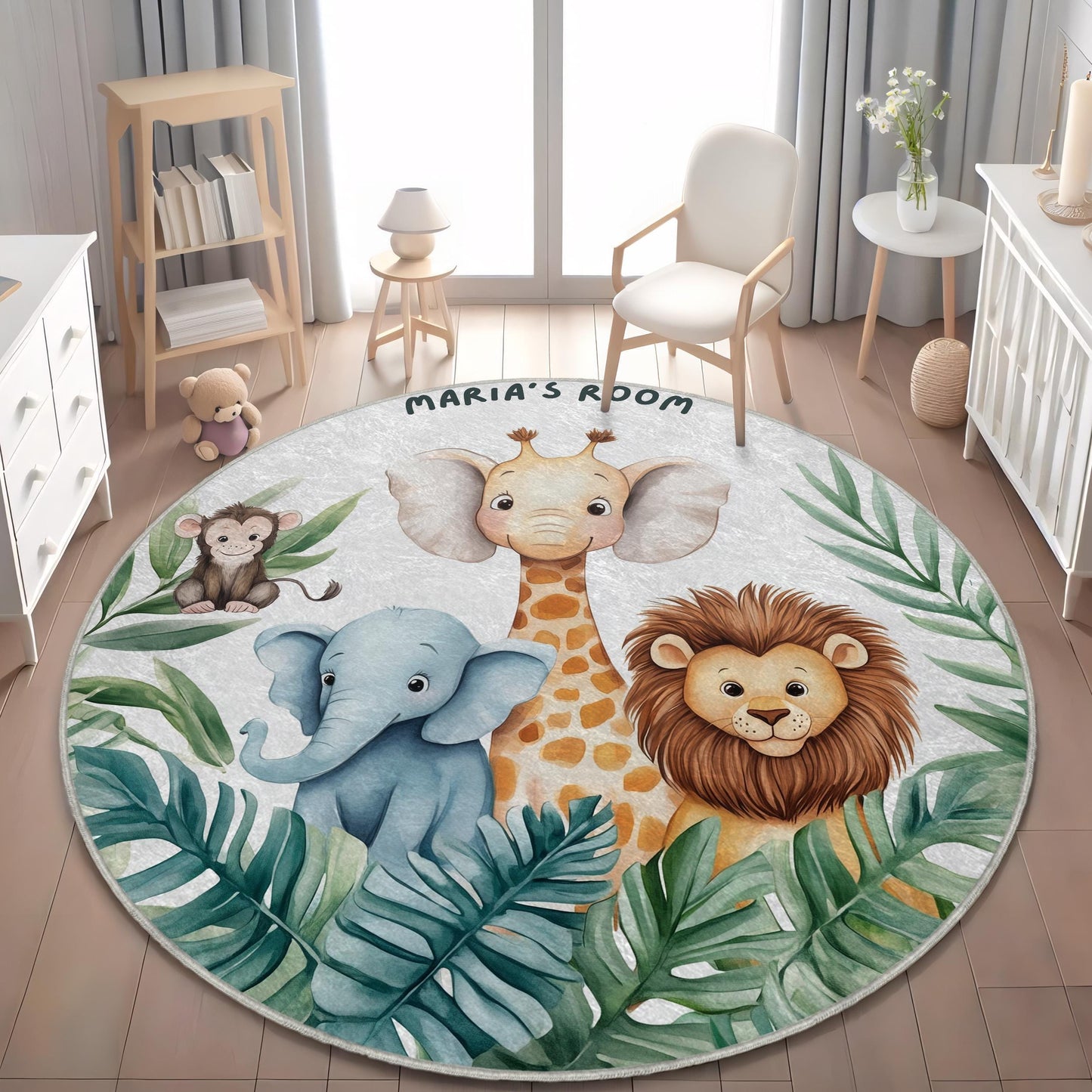Custom Name Jungle Nursery Mat, Cute Elephant Lion Giraffe Carpet, Baby Room Decor, Kids Playroom Rug, Personalized Safari Animal Round Rug