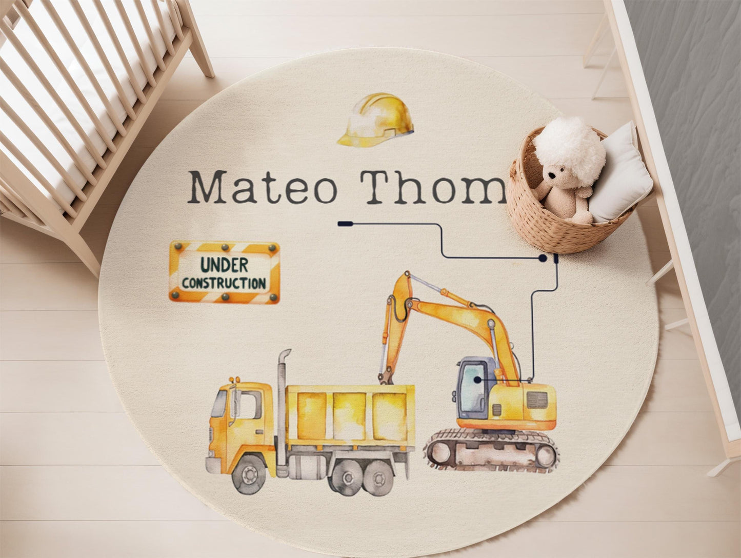 Construction Site Rug for Boys | Personalized Name Rug | Under Construction Rug | Playroom Decor | Nursery Rug | Round Rug | Gift for Boy