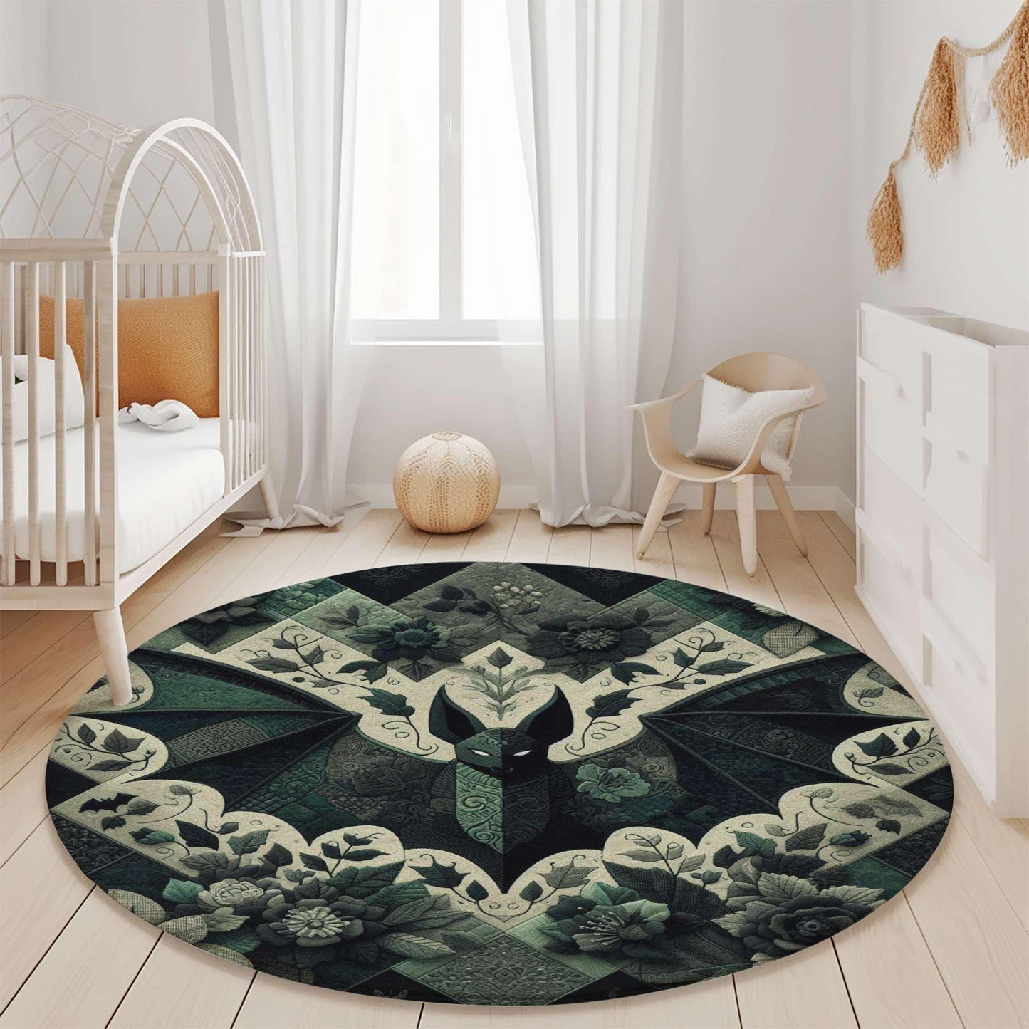 Goth Bat Rug, Floral Gothic Rug, Botanical Green and Black Design Rug, Perfect Rug for Halloween Season Decor,Gothic Home Decor,Gift For Her