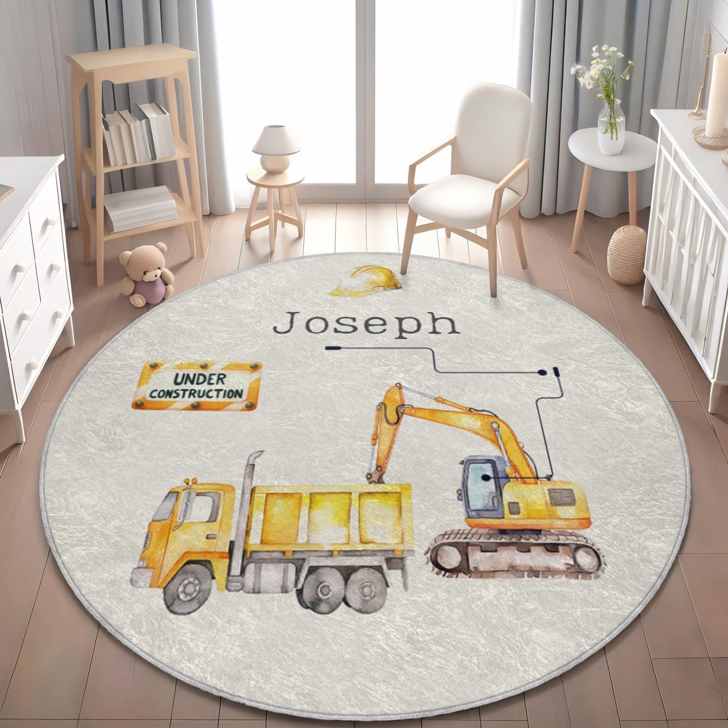Construction Site Rug for Boys | Personalized Name Rug | Under Construction Rug | Playroom Decor | Nursery Rug | Round Rug | Gift for Boy