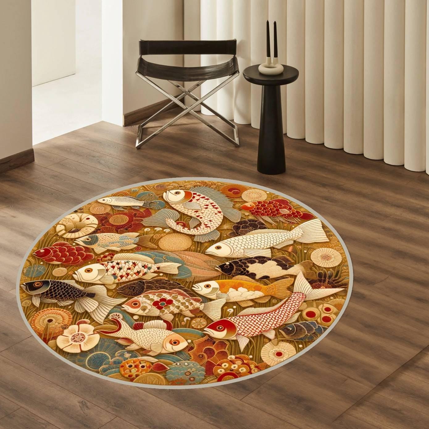 Japanese Round Fish Rug, Koi Fish Rug, Oriental Rug, Gold Fish Rug, Round Fish Rug, Koi Carp Rug, Japanese Style Rug, Oriental Carp Carpet