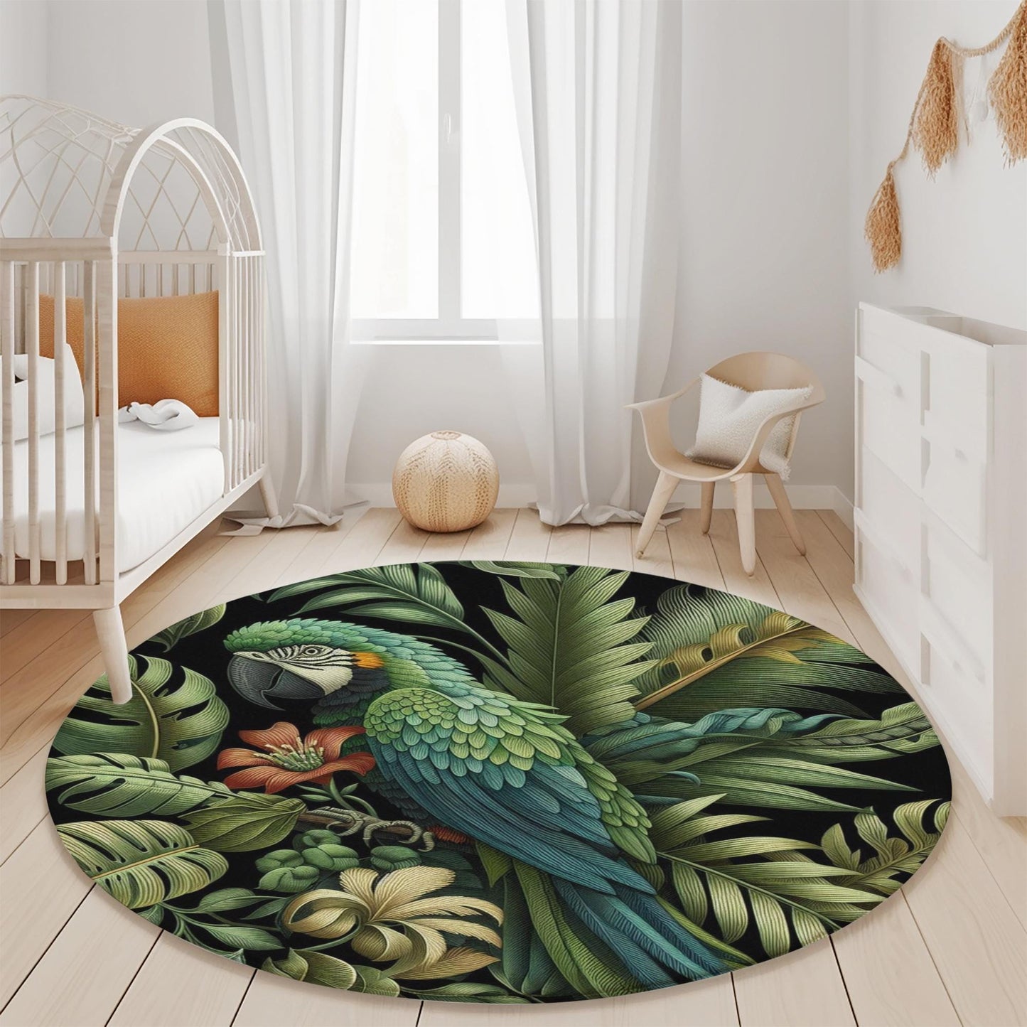 Exotic Floral Green Leaves Rug, Parrot Rug, Tropical Botanical Rug, William Morris Style Carpet, Green Area Rug, Exotic Parrot Rug