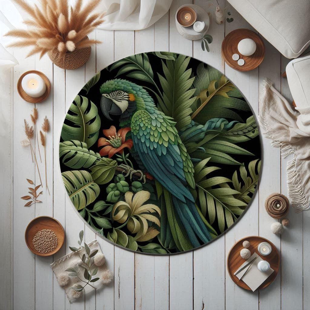 Exotic Floral Green Leaves Rug, Parrot Rug, Tropical Botanical Rug, William Morris Style Carpet, Green Area Rug, Exotic Parrot Rug