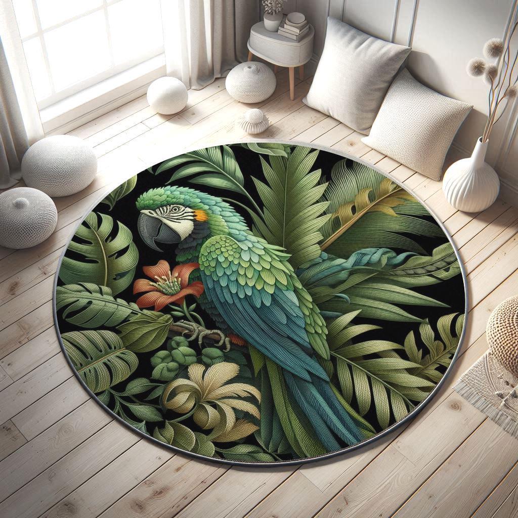 Exotic Floral Green Leaves Rug, Parrot Rug, Tropical Botanical Rug, William Morris Style Carpet, Green Area Rug, Exotic Parrot Rug
