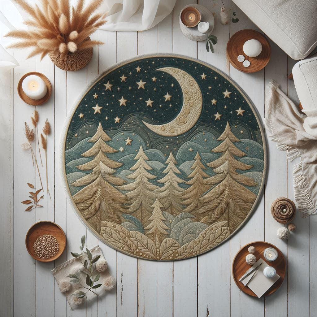 Moon Stars Rug, Adorable Nursery Rug with Pine Trees Stars, Kids’ Room Rug, Nature-Inspired Cozy Decor, Cozy Nursery Rug, Home Decor