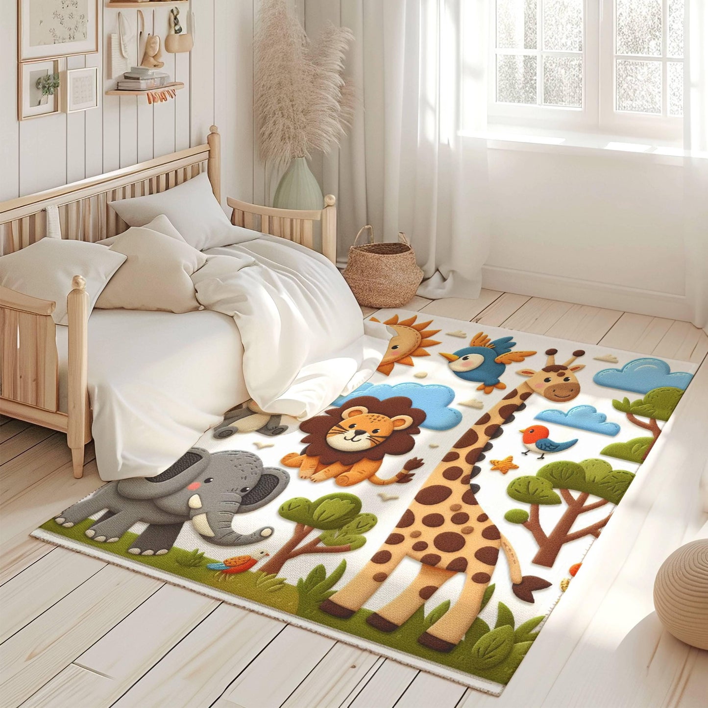 a child's bedroom with a bed and a rug with animals on it