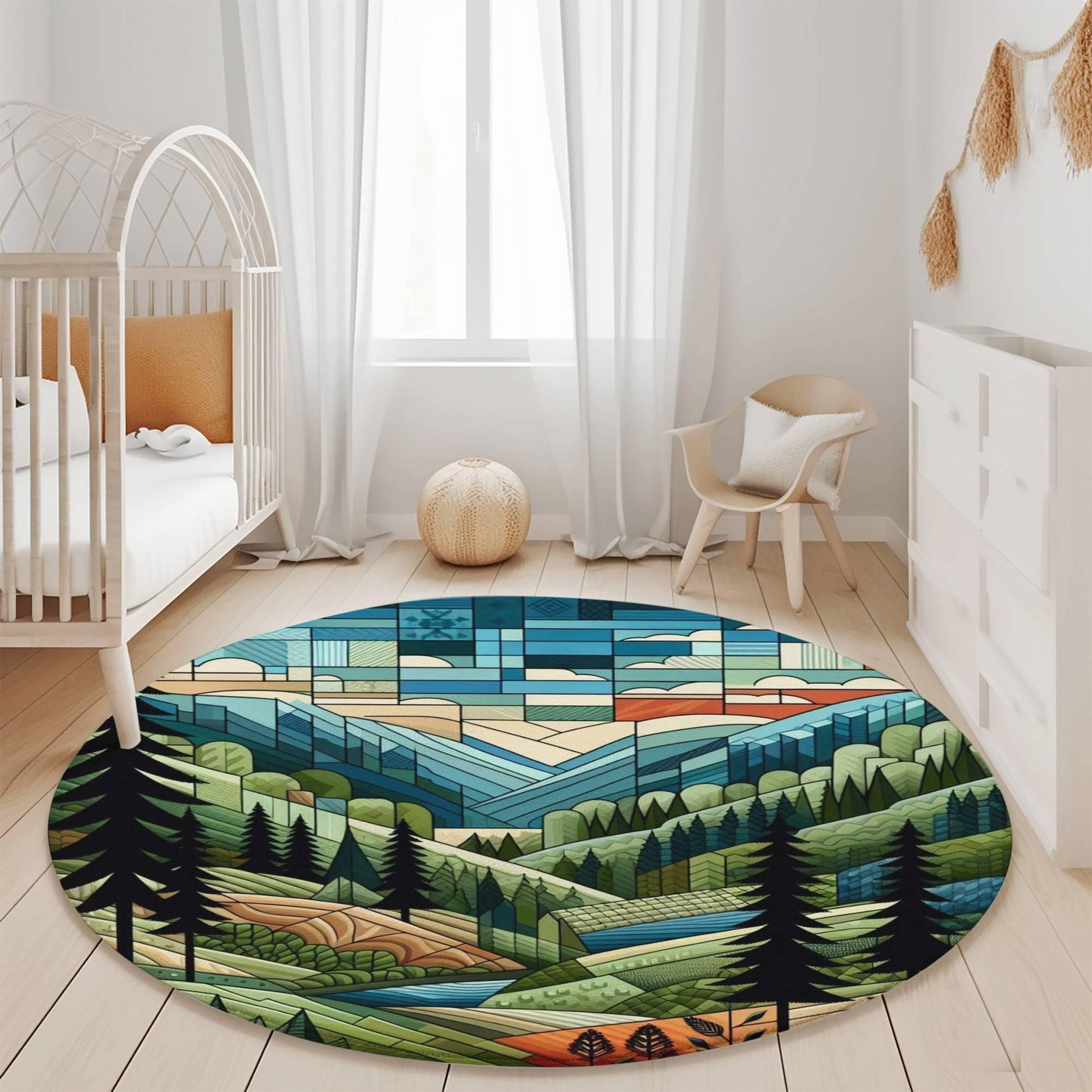 a baby's room with a crib, crib bed, and a