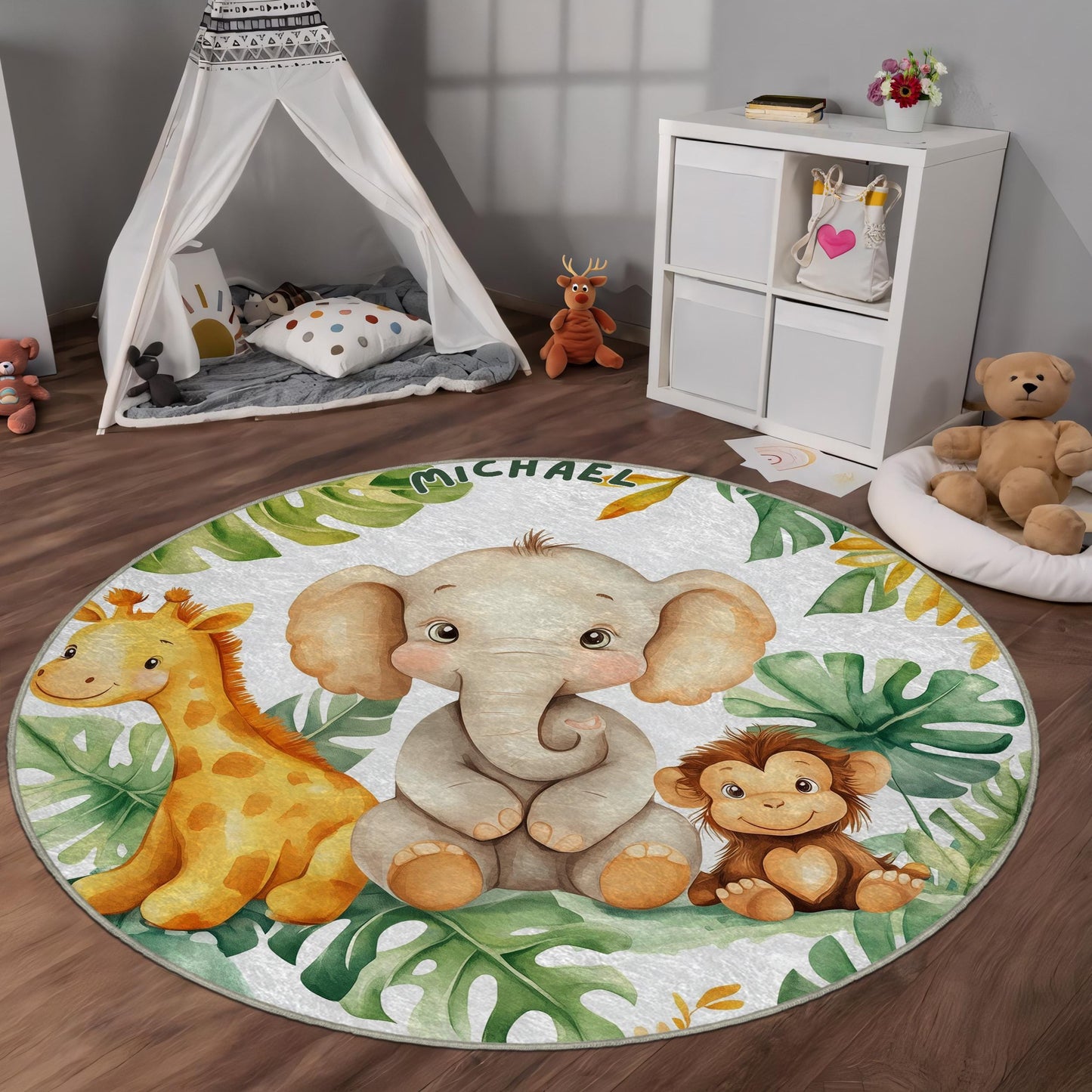 Personalized Kids Safari Round Rug, Custom Name Jungle Play Mat, Cute Animals Carpet for Kids, Nursery Room Decor, Baby Shower Gift Rug