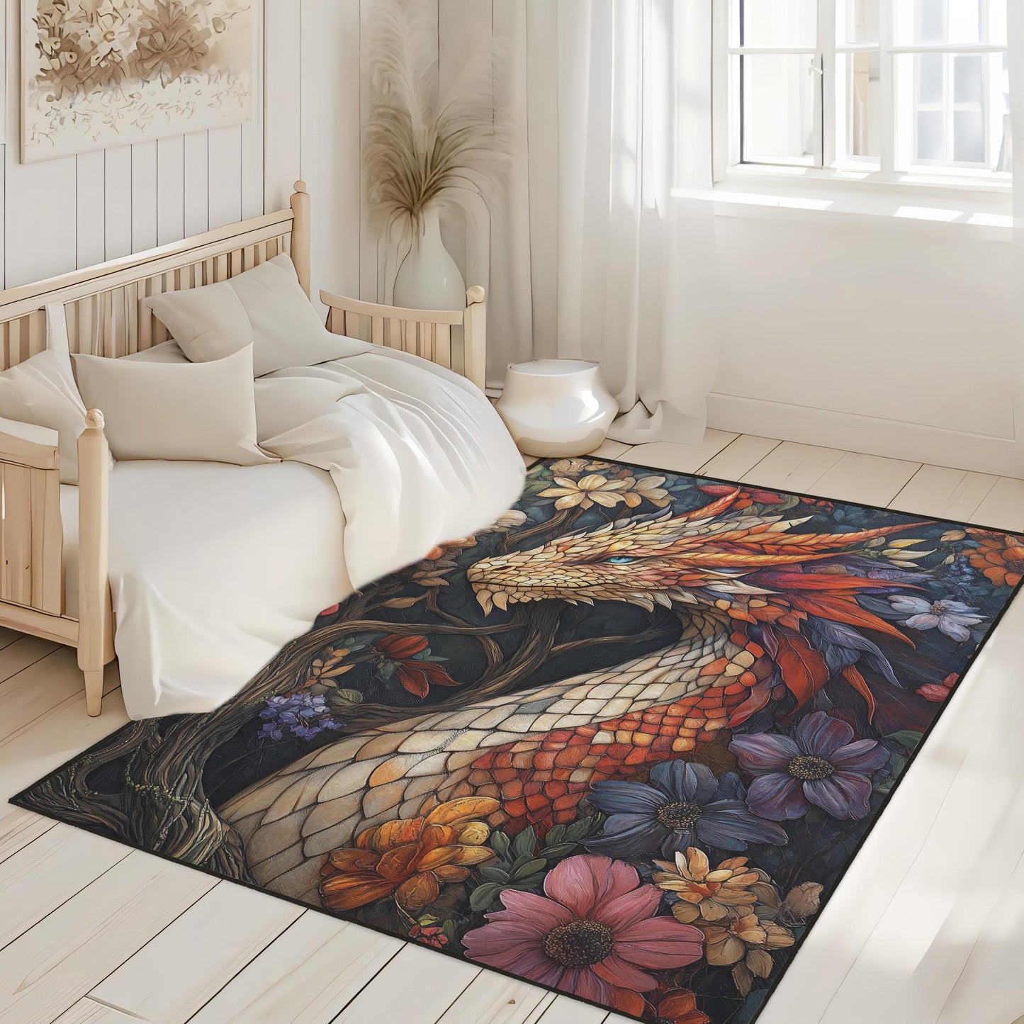 Dragon Area Rug, Floral Dragon Rug, Living Room Rug, Youth Rug, Fantasy Decor, Red Dragon, Nature Inspired Rug, Gothic Rug, Gift for Teen