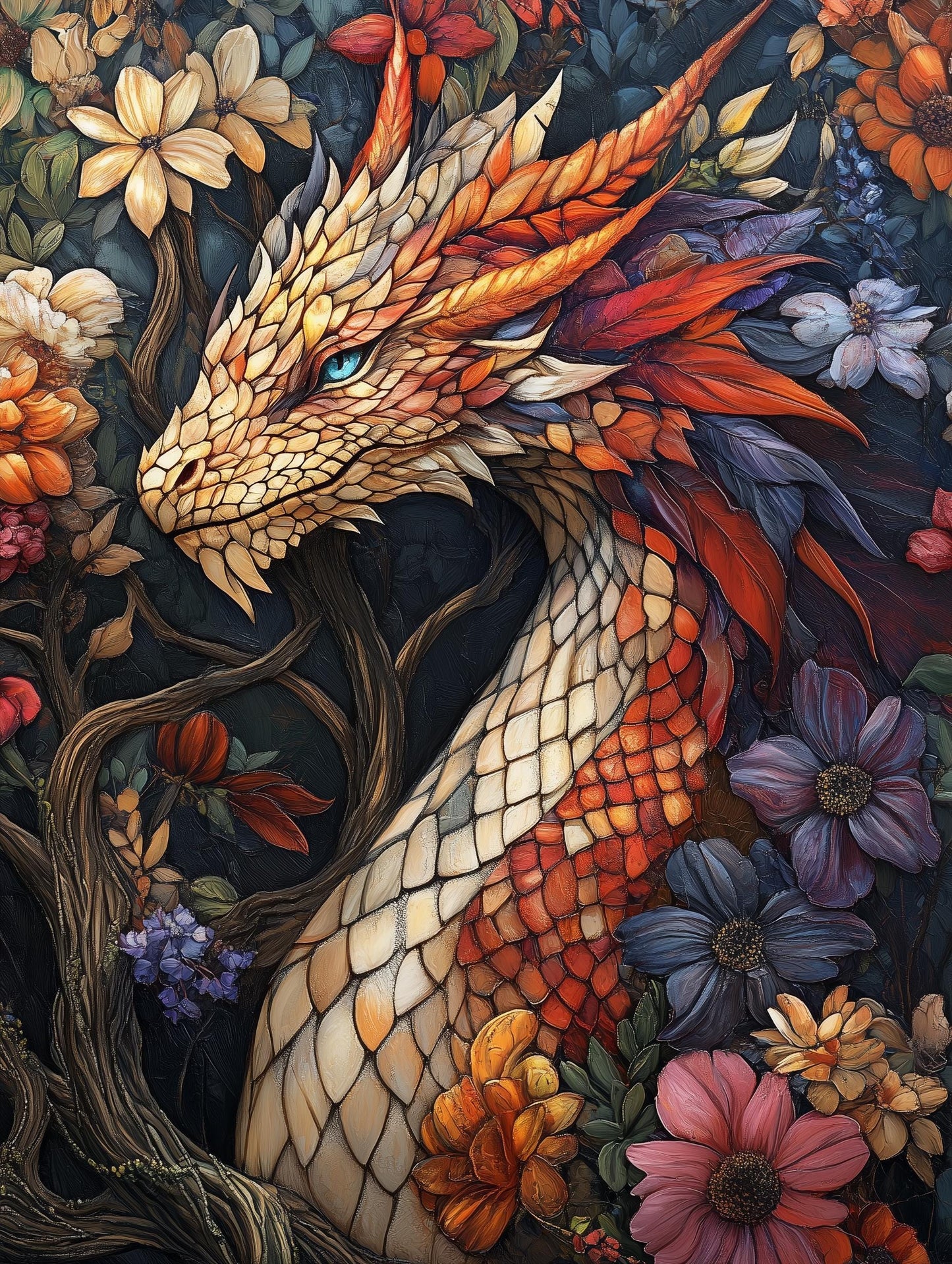 Dragon Area Rug, Floral Dragon Rug, Living Room Rug, Youth Rug, Fantasy Decor, Red Dragon, Nature Inspired Rug, Gothic Rug, Gift for Teen
