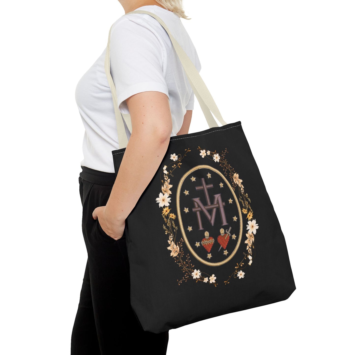 Large Marian Catholic Tote Bag - Virgin Mary Tote - Catholic Gifts - Floral Religious Purse, Women's Cross Shoulder Bag, 18'' Church Bag