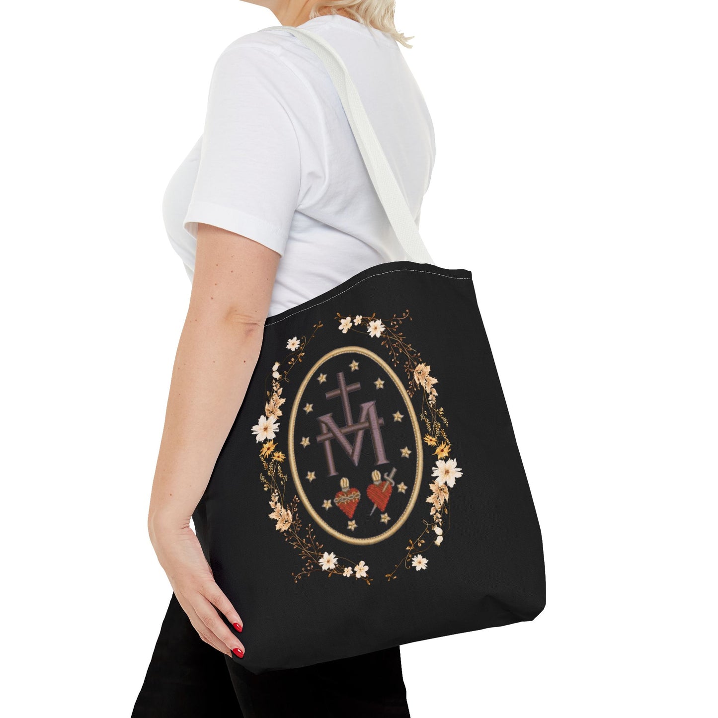 Large Marian Catholic Tote Bag - Virgin Mary Tote - Catholic Gifts - Floral Religious Purse, Women's Cross Shoulder Bag, 18'' Church Bag