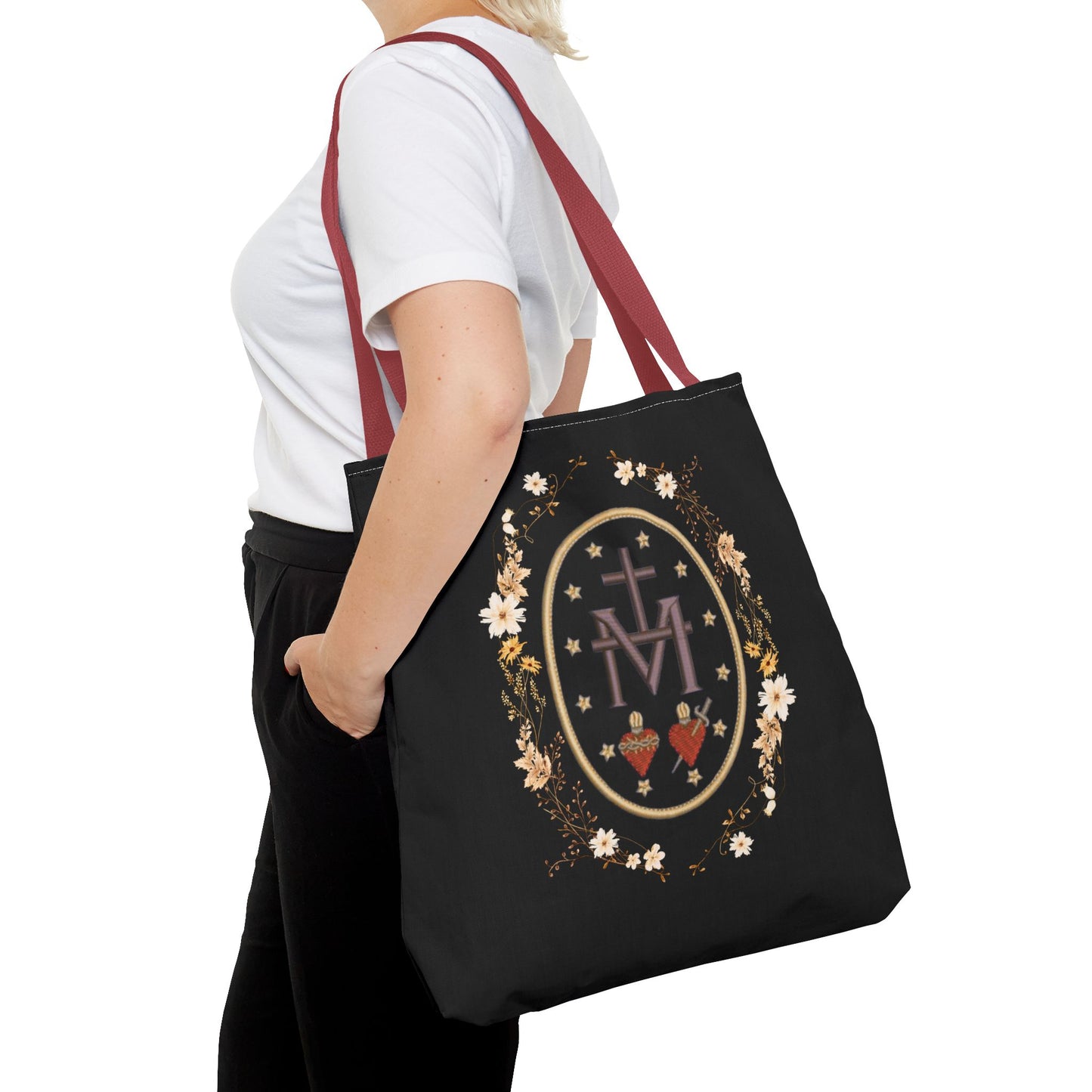 Large Marian Catholic Tote Bag - Virgin Mary Tote - Catholic Gifts - Floral Religious Purse, Women's Cross Shoulder Bag, 18'' Church Bag