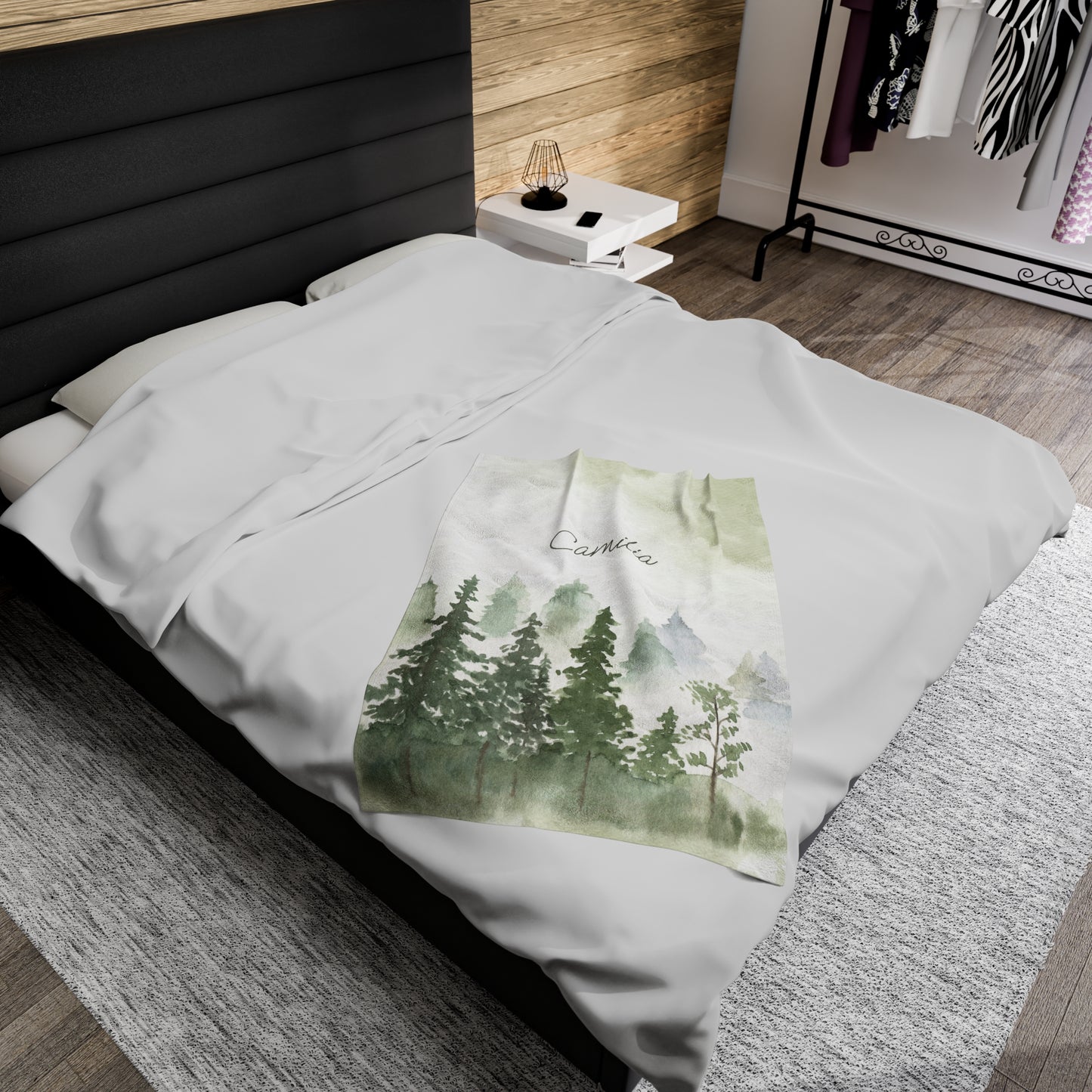 Personalized Watercolor Pine Trees Mountain Range Abstract Lanscape Blanket for her, Custom name blanket natural woodland