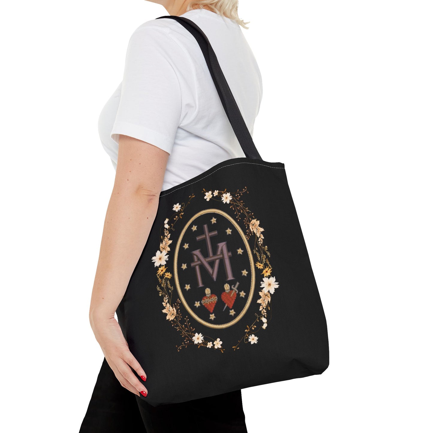 Large Marian Catholic Tote Bag - Virgin Mary Tote - Catholic Gifts - Floral Religious Purse, Women's Cross Shoulder Bag, 18'' Church Bag