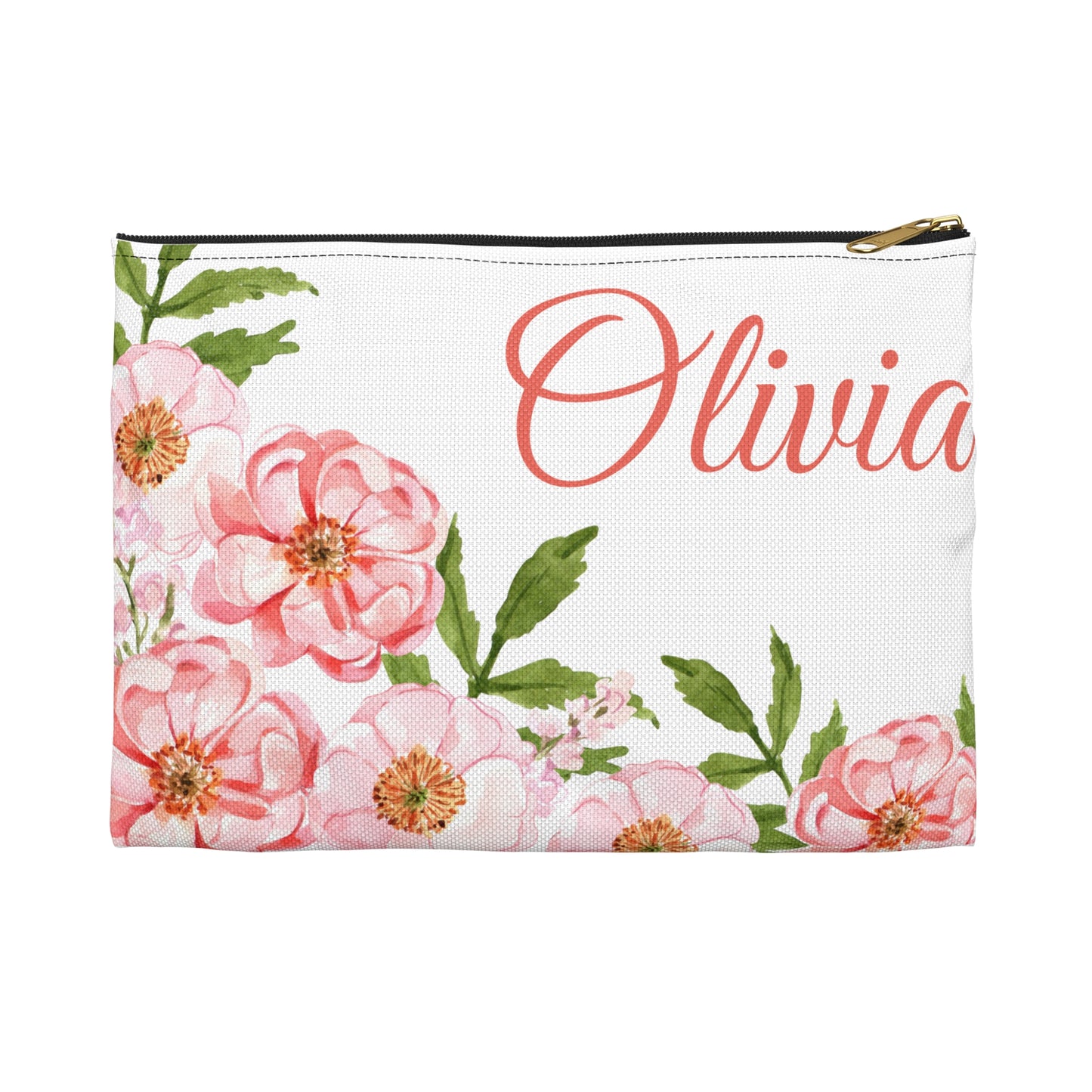 Pink Flower Name Custom Pouch Bag - Personalized Women Accessory Pouch, Makeup Bags, Personalized Women Bag, Initial Pouch, Toiletry Bag