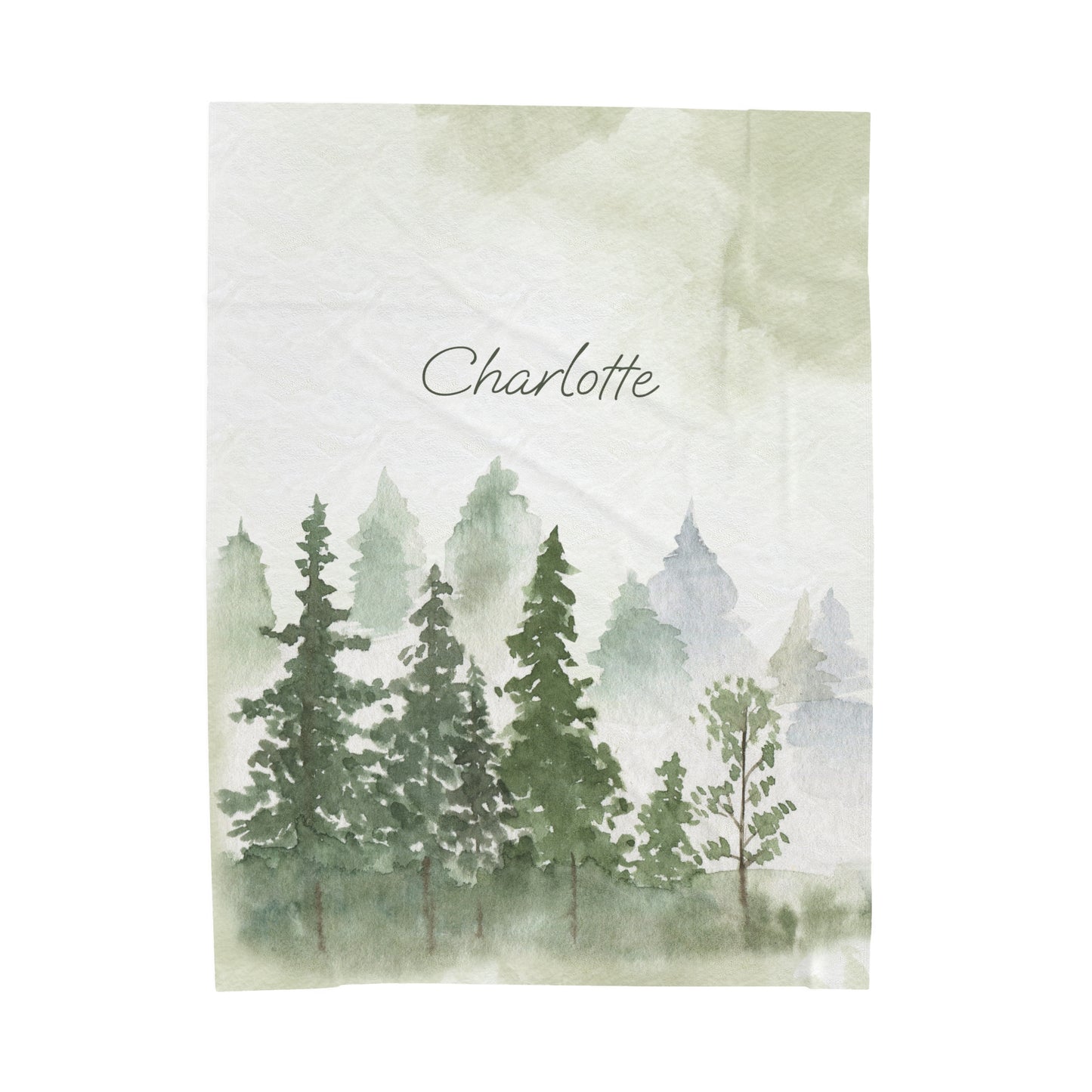 Personalized Watercolor Pine Trees Mountain Range Abstract Lanscape Blanket for her, Custom name blanket natural woodland