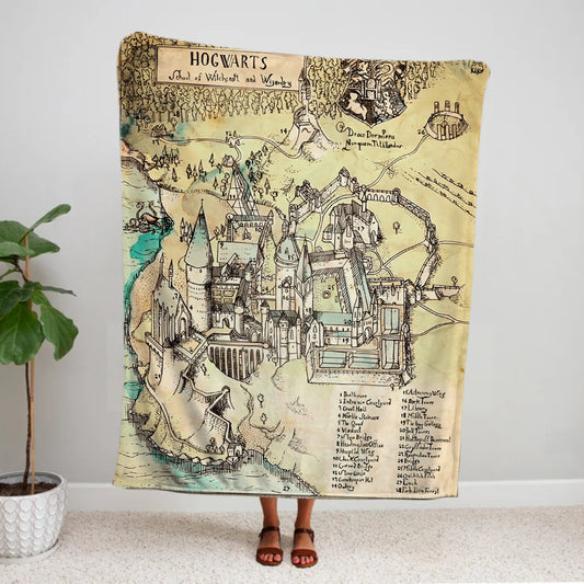 Wizarding School Map Blanket, Magical Castle Blanket for Teens, Wizardry Themed Blanket for Kids