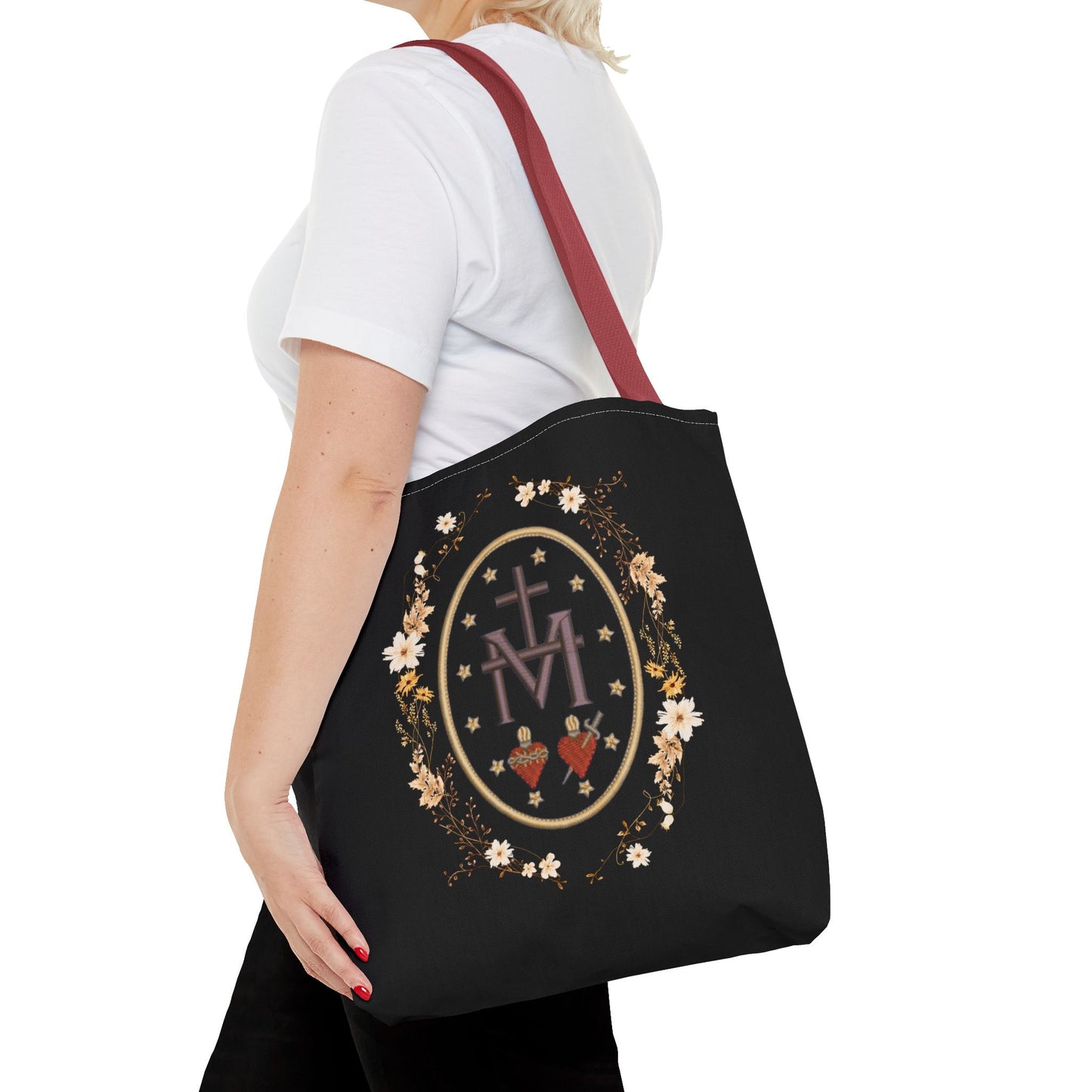 Large Marian Catholic Tote Bag - Virgin Mary Tote - Catholic Gifts - Floral Religious Purse, Women's Cross Shoulder Bag, 18'' Church Bag