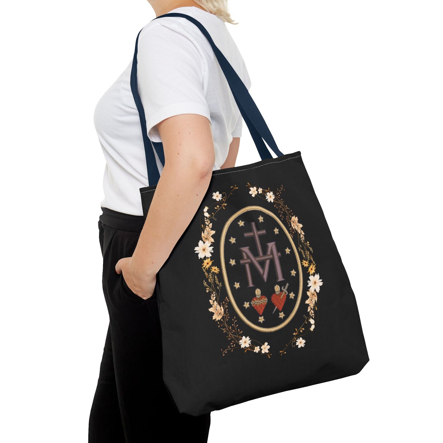 Large Marian Catholic Tote Bag - Virgin Mary Tote - Catholic Gifts - Floral Religious Purse, Women's Cross Shoulder Bag, 18'' Church Bag