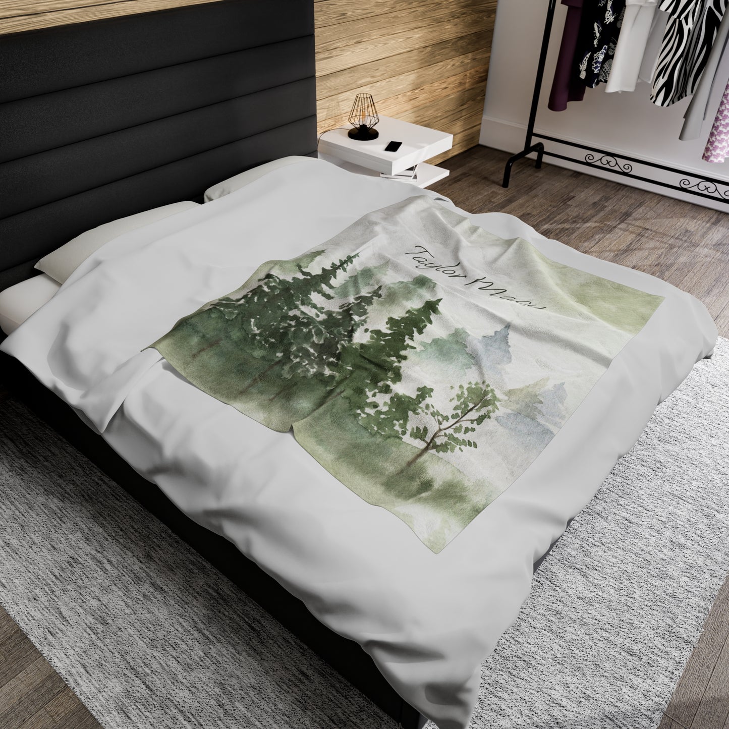 Personalized Watercolor Pine Trees Mountain Range Abstract Lanscape Blanket for her, Custom name blanket natural woodland