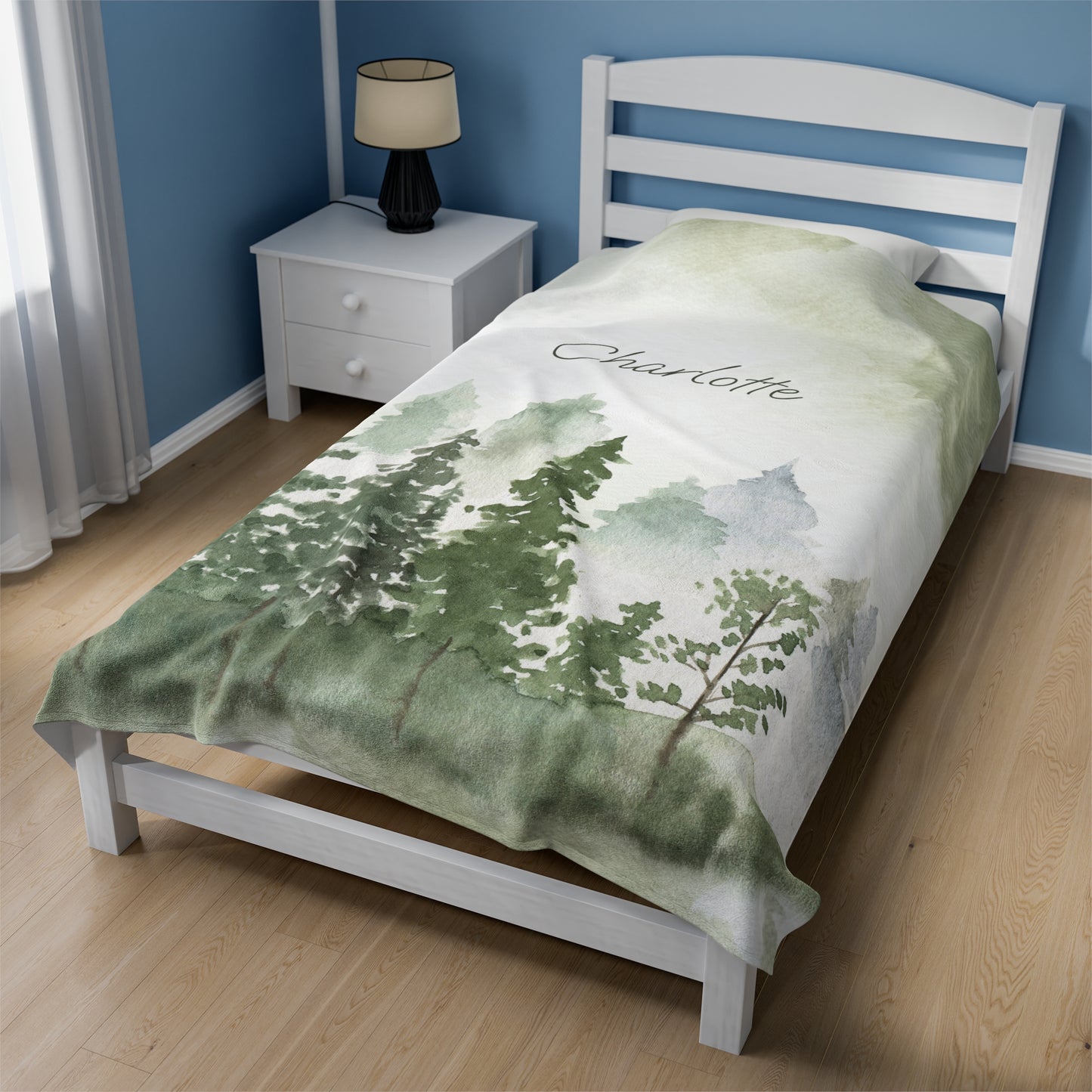 Personalized Watercolor Pine Trees Mountain Range Abstract Lanscape Blanket for her, Custom name blanket natural woodland