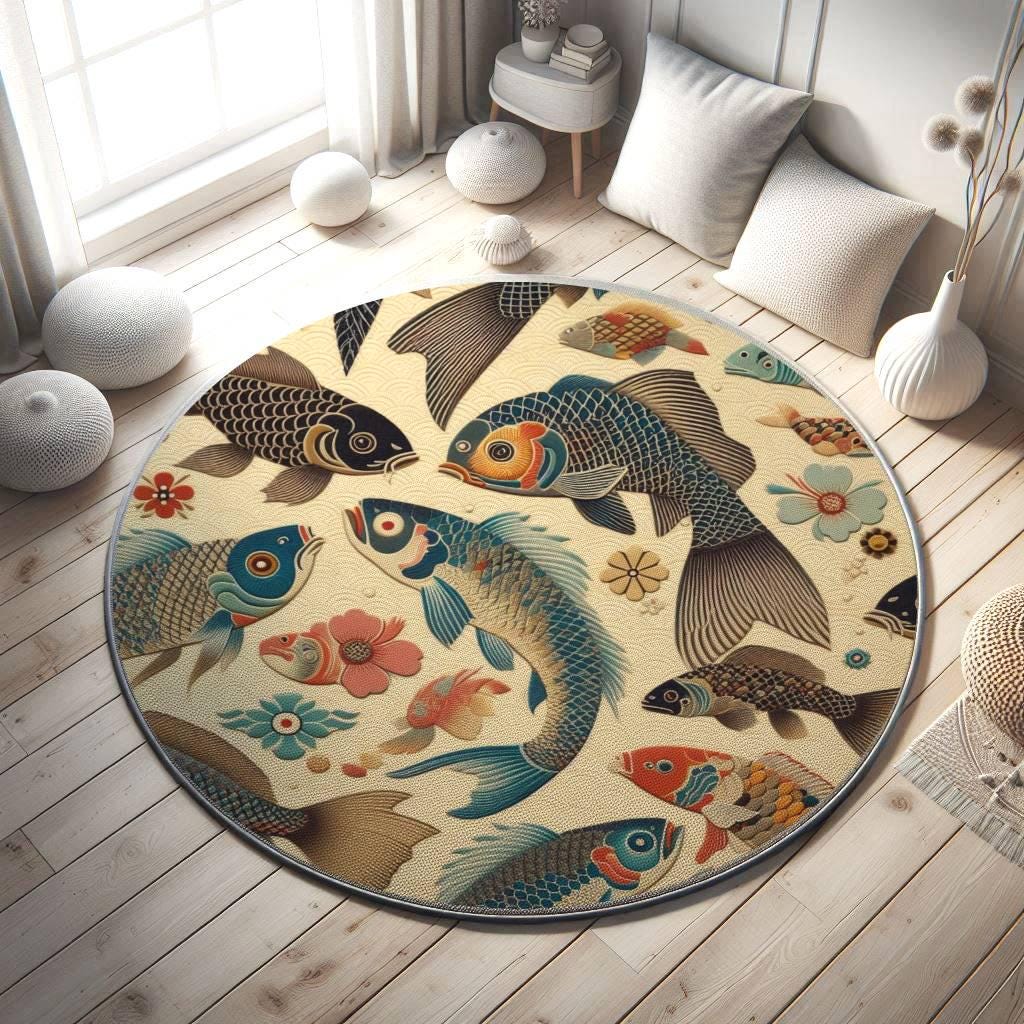 Japanese Koi Fish Rug, Blue and Gold Area Rug, Oriental Carp Rug, Floral Pattern Rug, Japanese Style Rug, Area Rug, Floral Rug, Fish Rug