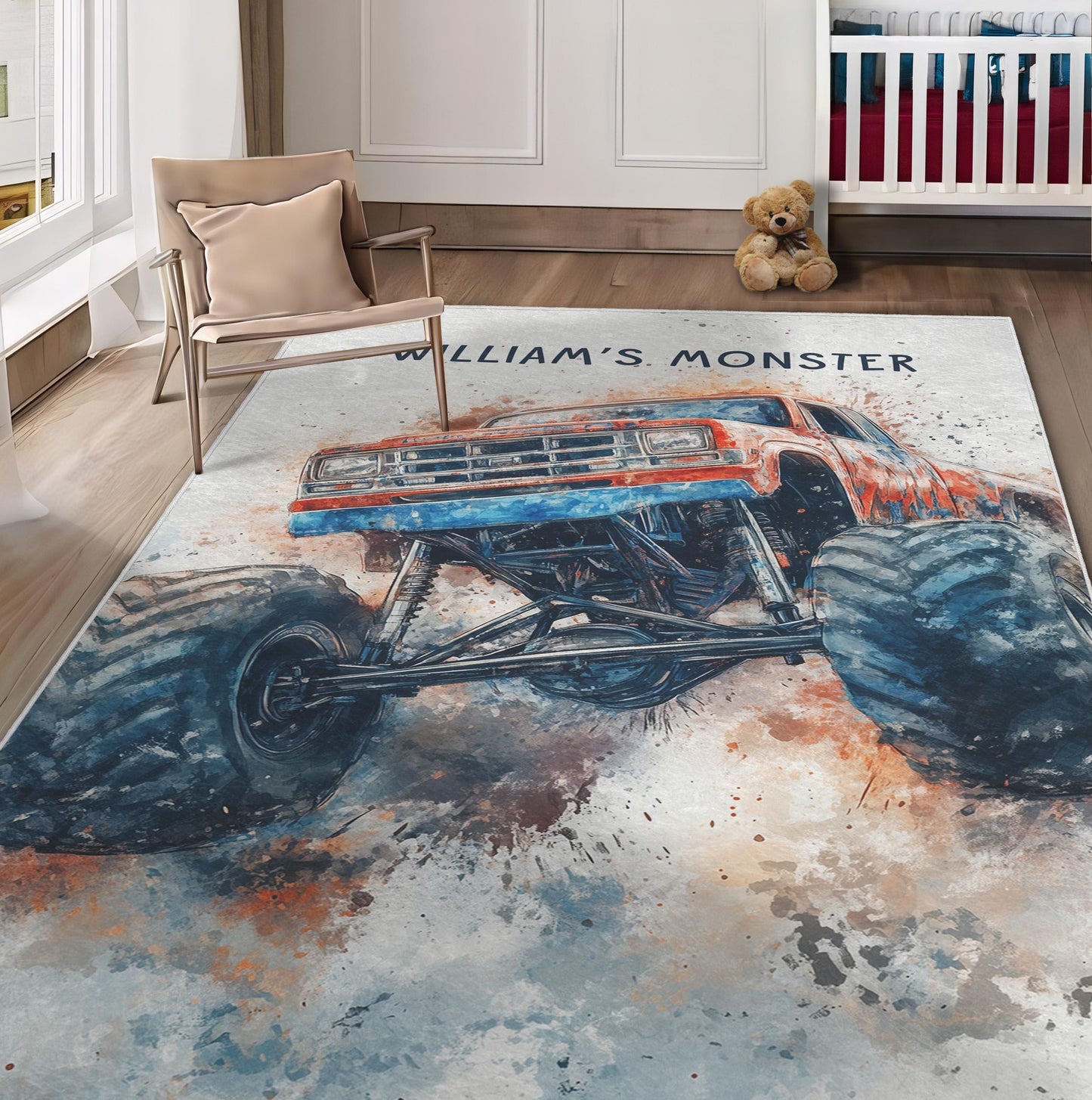 Personalized Kids Monster Truck Rug, Custom Name Kids Room Decor, Boys Room Rug, Truck Rug, Toddler Playroom Rug, Gift for Boys, Monster Rug