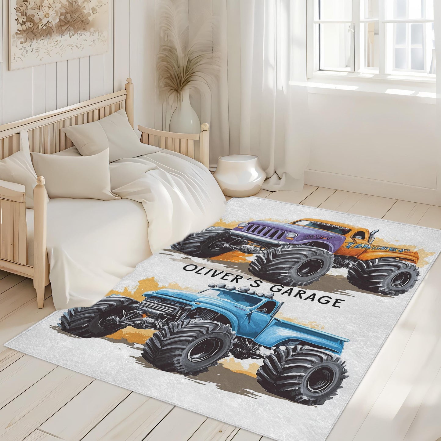 Personalized Monster Truck Rug, Custom Name Kids Room Decor, Boys Room Rug, Monster Truck Design Rug, Playroom Rug, Gift for Boys