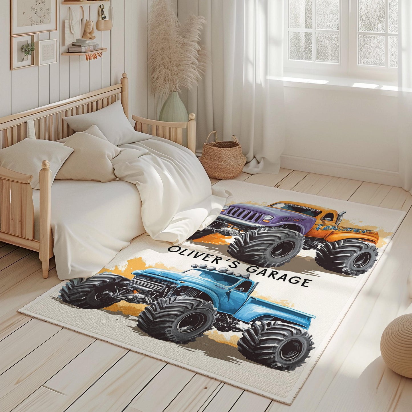 Personalized Monster Truck Rug, Custom Name Kids Room Decor, Boys Room Rug, Monster Truck Design Rug, Playroom Rug, Gift for Boys