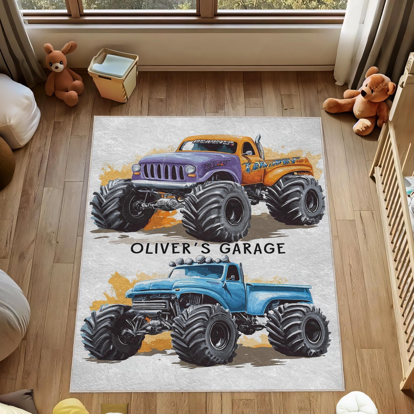 Personalized Monster Truck Rug, Custom Name Kids Room Decor, Boys Room Rug, Monster Truck Design Rug, Playroom Rug, Gift for Boys