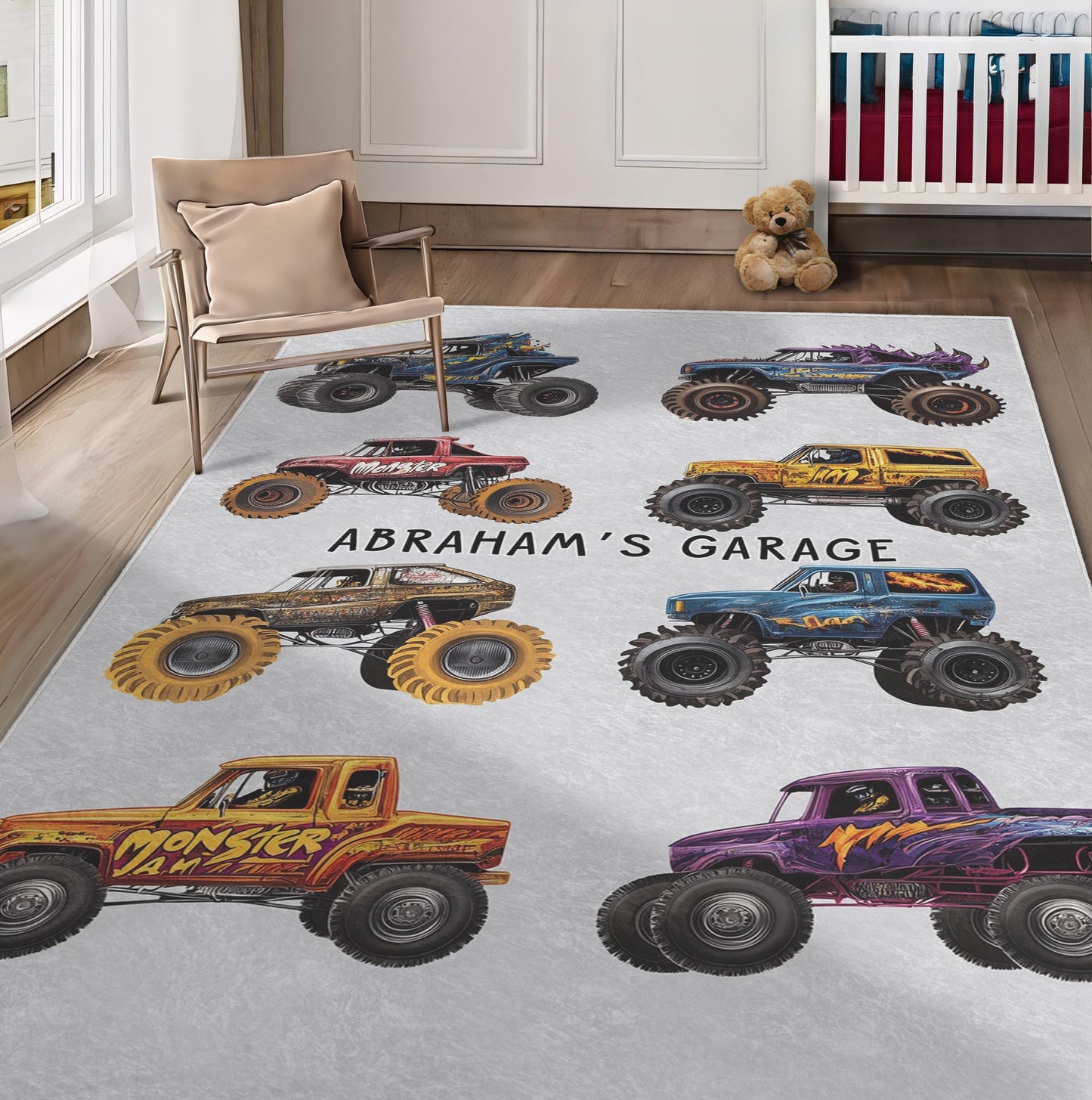 Personalized Monster Truck Garage Rug, Custom Kids Room Rug, Boy Nursery Play Mat, Monster Jam Rug, Children's Name Rug, Gift for Boys