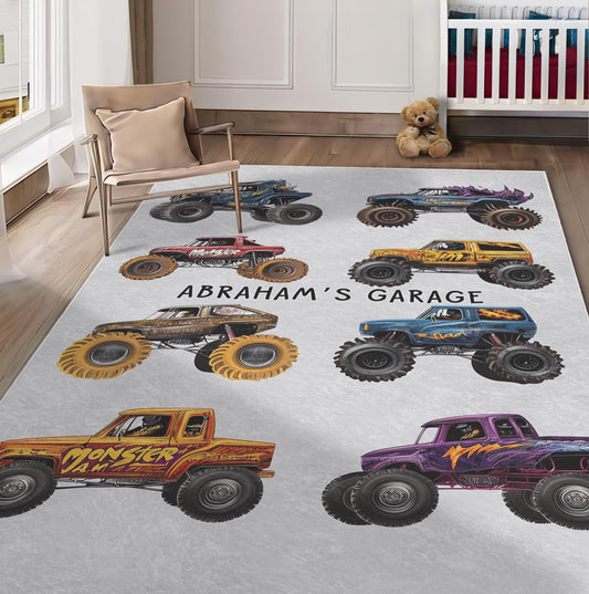 Personalized Monster Truck Garage Rug, Custom Kids Room Rug, Boy Nursery Play Mat, Monster Jam Rug, Children's Name Rug, Gift for Boys