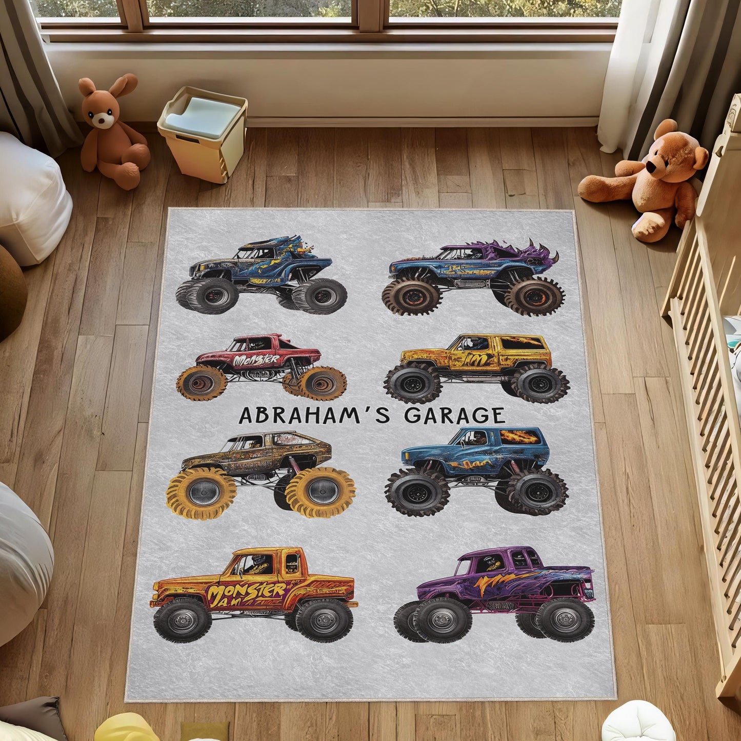 Personalized Monster Truck Garage Rug, Custom Kids Room Rug, Boy Nursery Play Mat, Monster Jam Rug, Children's Name Rug, Gift for Boys