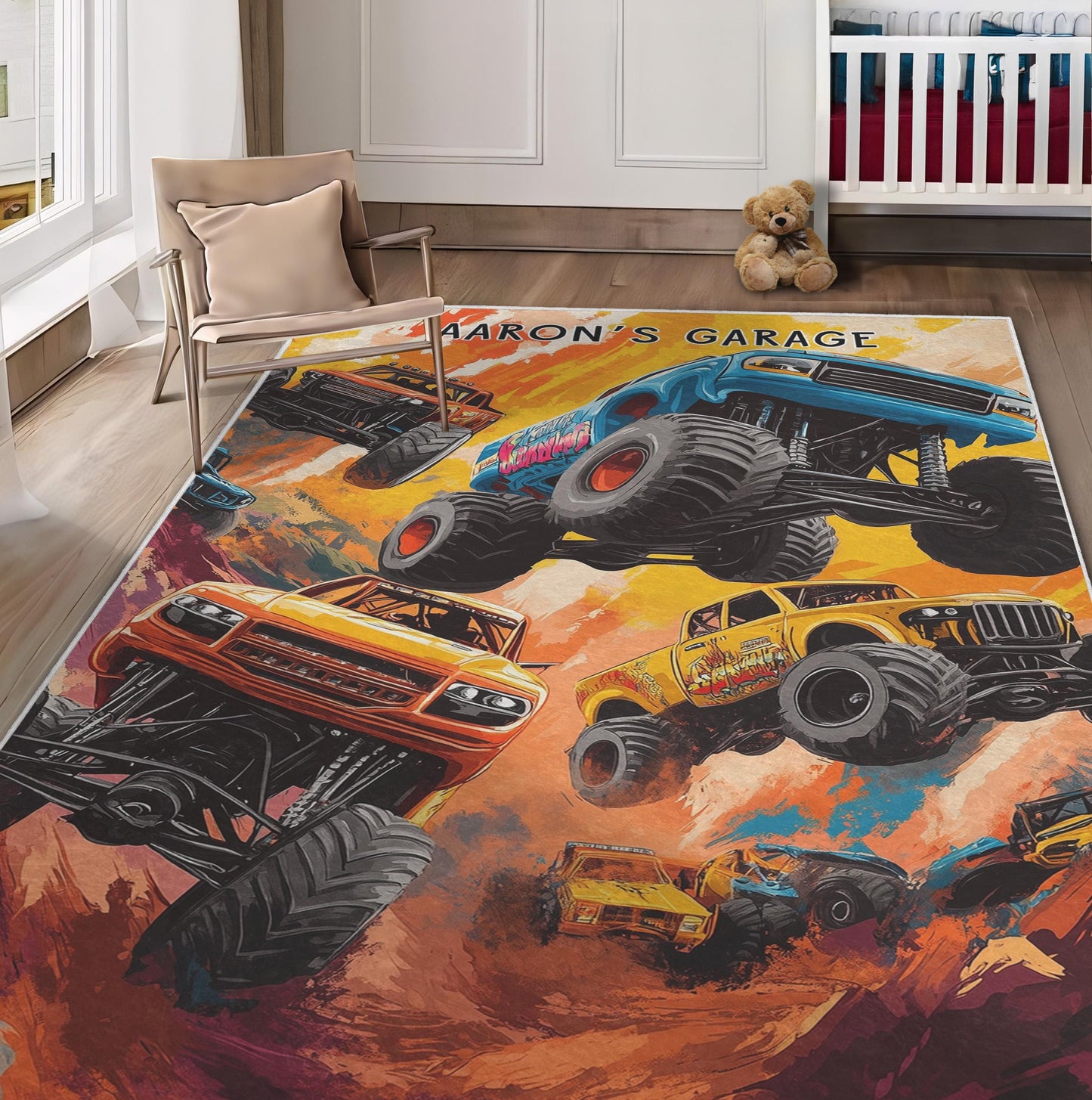 Monster Truck Garage Rug, Custom Kids Room Rug, Kid's Garage Mat, Boy Nursery Rug, Monster Jam Style, Gift for Boys, Play Room Mat