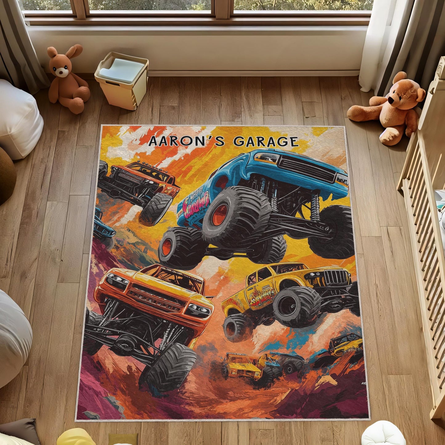 Monster Truck Garage Rug, Custom Kids Room Rug, Kid's Garage Mat, Boy Nursery Rug, Monster Jam Style, Gift for Boys, Play Room Mat