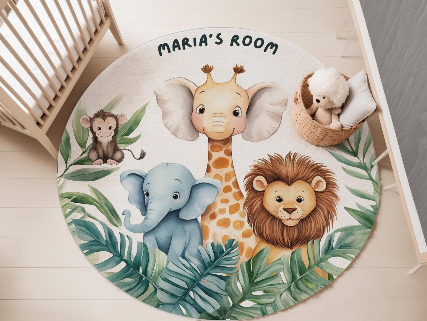 Custom Name Jungle Nursery Mat, Cute Elephant Lion Giraffe Carpet, Baby Room Decor, Kids Playroom Rug, Personalized Safari Animal Round Rug